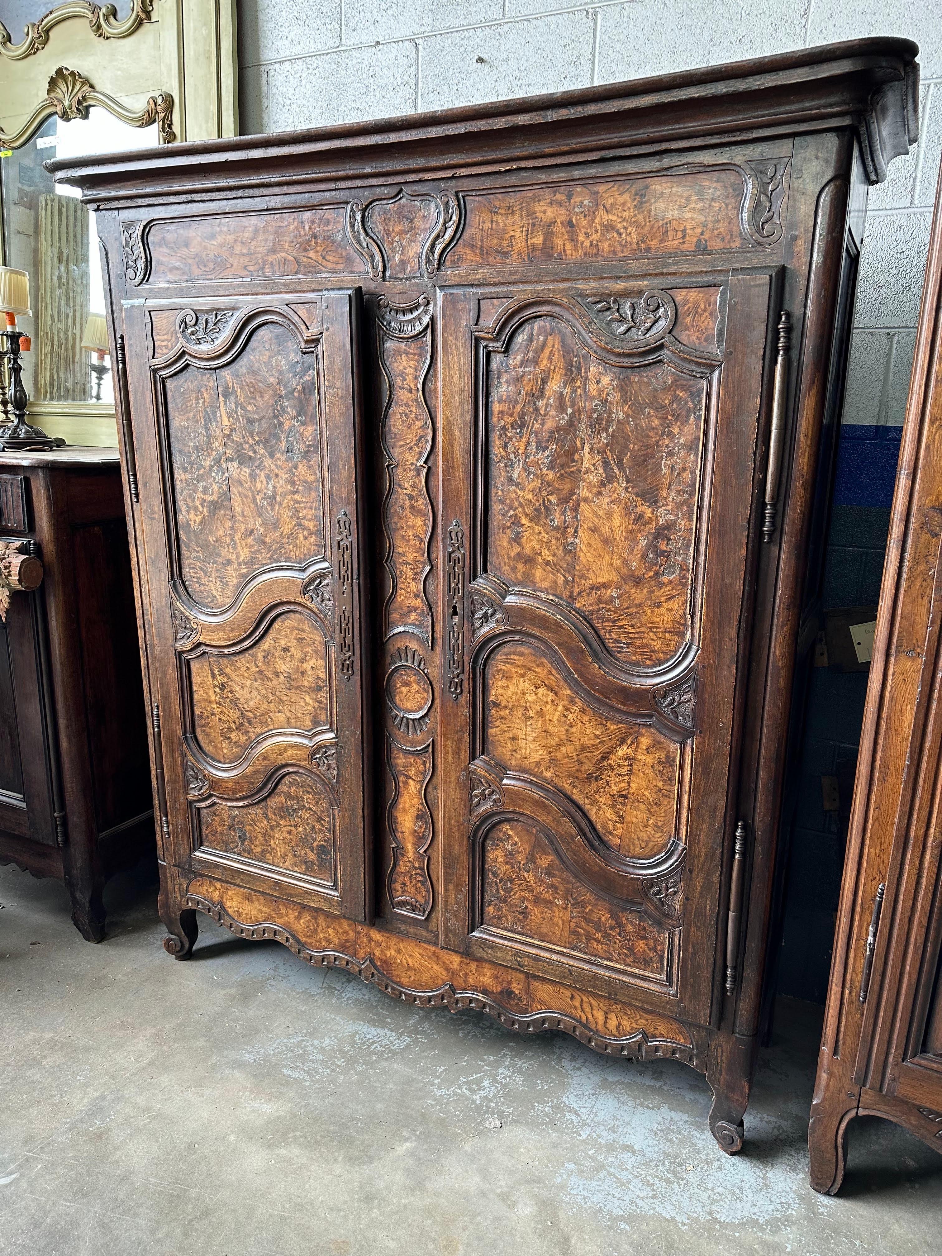 Antique French Provincial Louis XV Burled Walnut Armoire Bookcase In Good Condition For Sale In Sheridan, CO