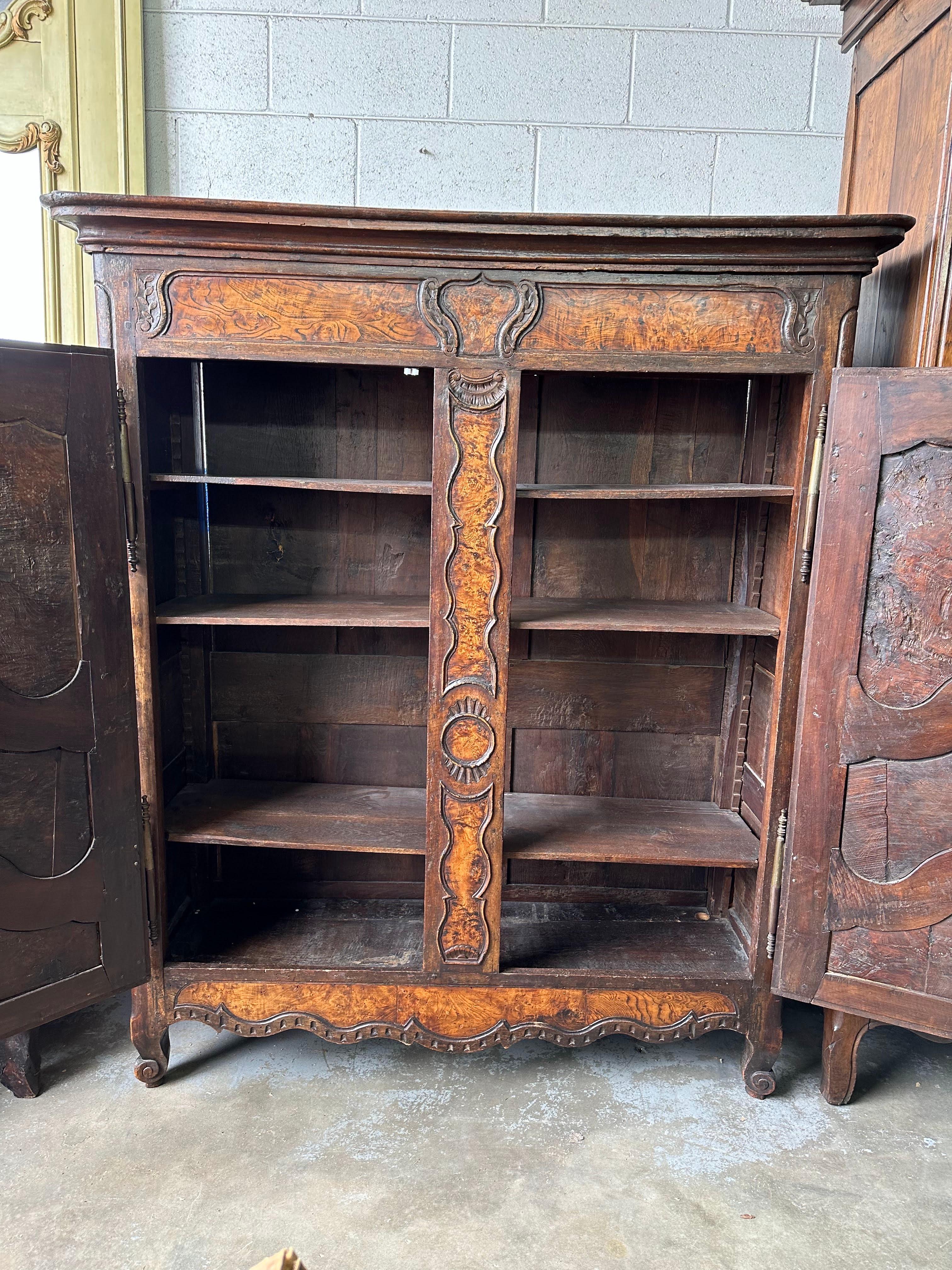 18th Century Antique French Provincial Louis XV Burled Walnut Armoire Bookcase For Sale