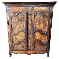 Antique French Provincial Louis XV Burled Walnut Armoire Bookcase