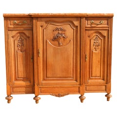 Antique French Provincial Louis XV Carved Oak Marble Top Sideboard