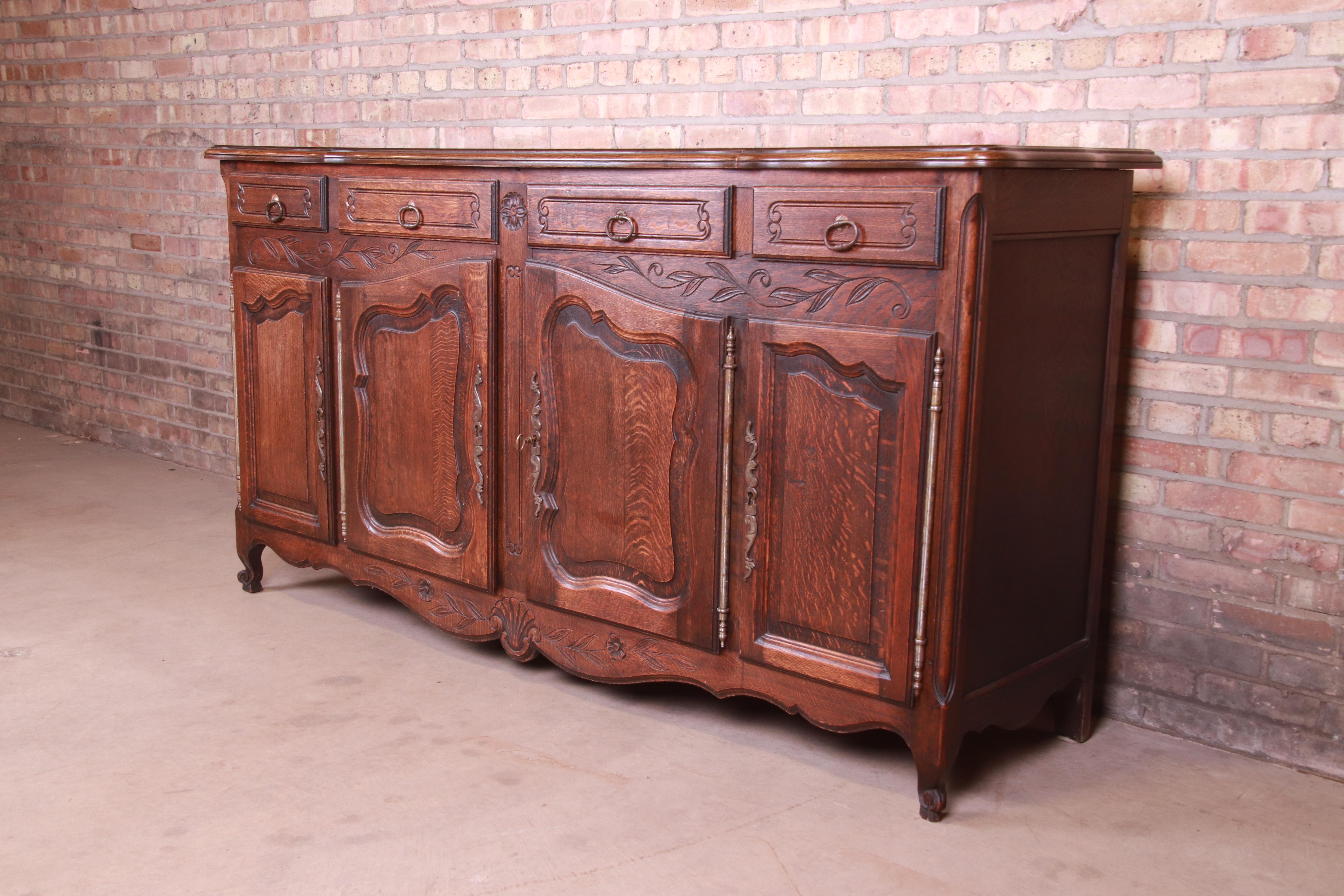 Antique French Provincial Louis XV Carved Oak Sideboard Credenza or Bar Cabinet In Good Condition In South Bend, IN