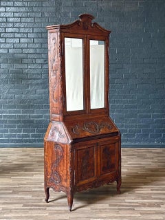 Antique French Provincial Louis XV, Carved Secretary Cabinet w/ Mirrored Doors