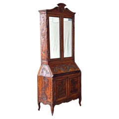 Antique French Provincial Louis XV, Carved Secretary Cabinet w/ Mirrored Doors