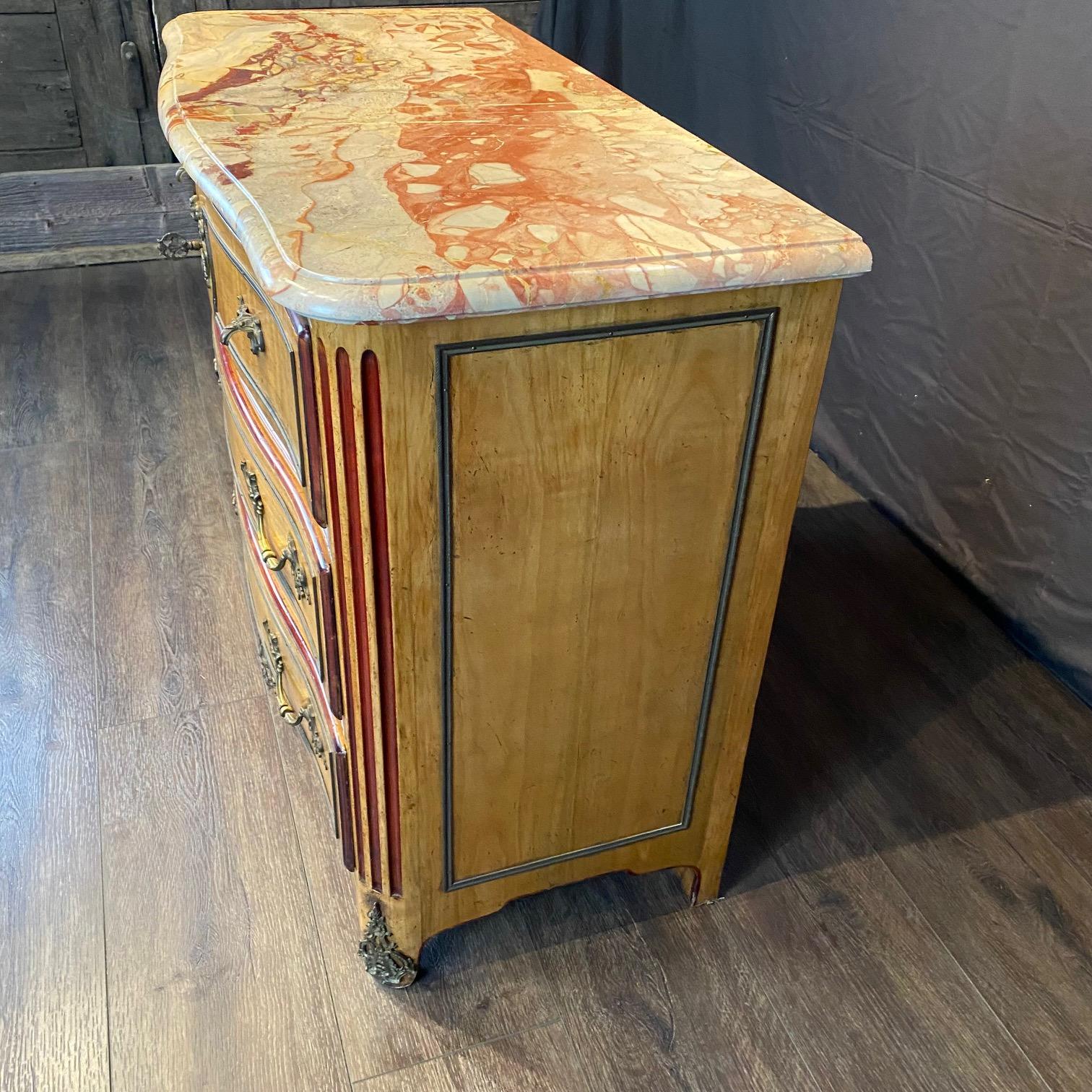 Antique French Provincial Louis XV Marble Top Three-Drawer Commode For Sale 9