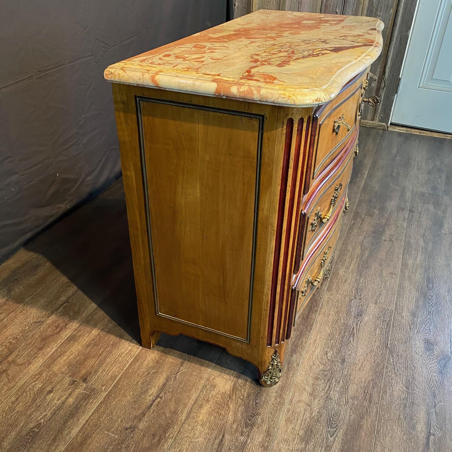 Antique French Provincial Louis XV Marble Top Three-Drawer Commode For Sale 10