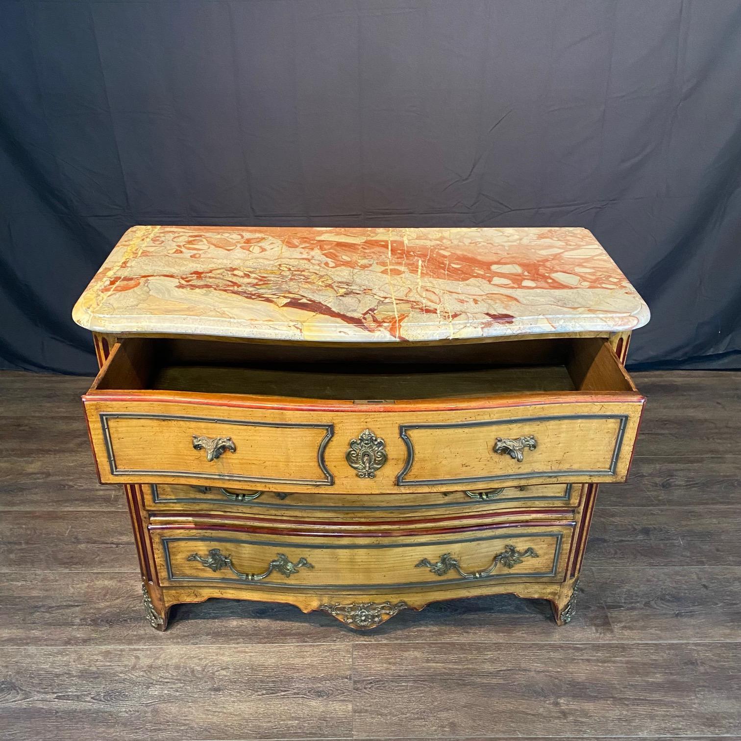 Antique French Provincial Louis XV Marble Top Three-Drawer Commode For Sale 12