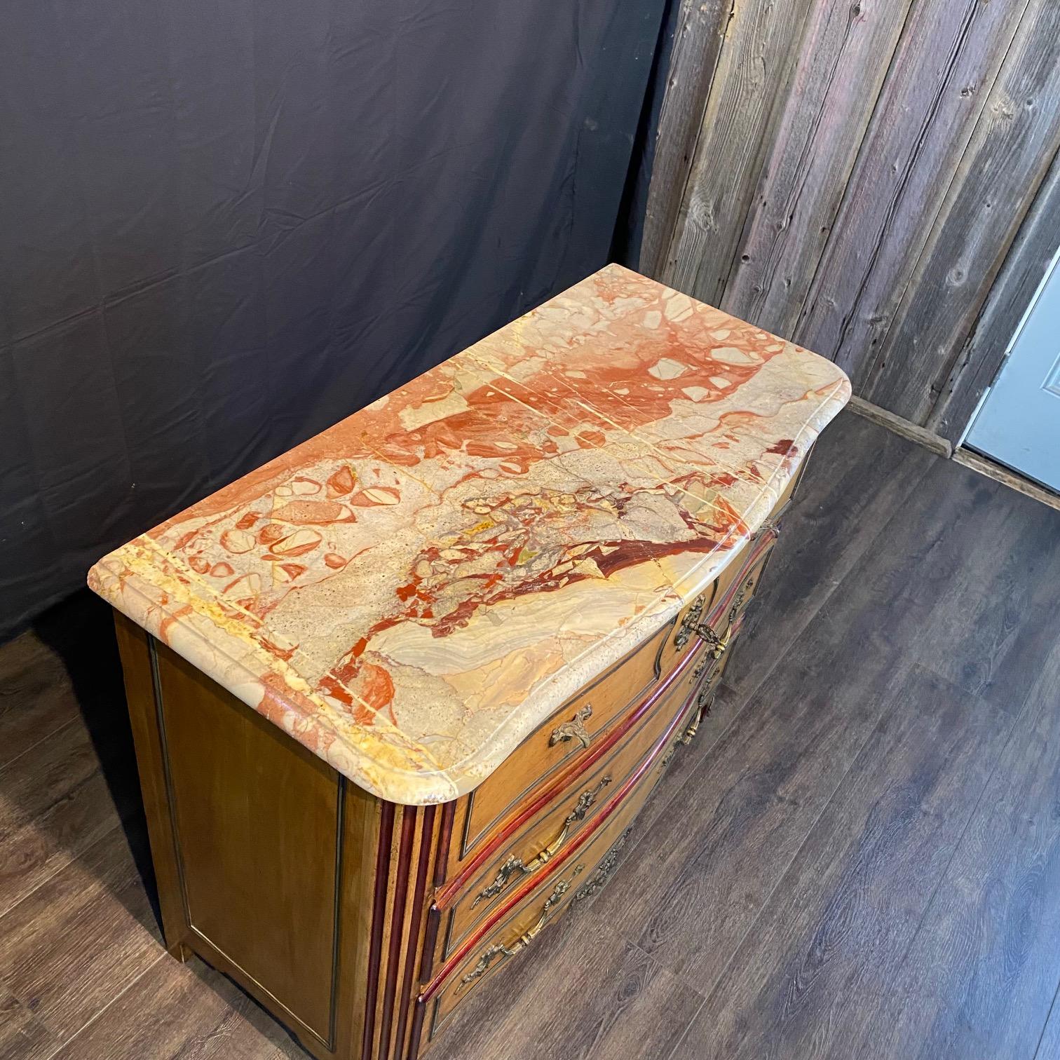 Antique French Provincial Louis XV Marble Top Three-Drawer Commode In Good Condition For Sale In Hopewell, NJ