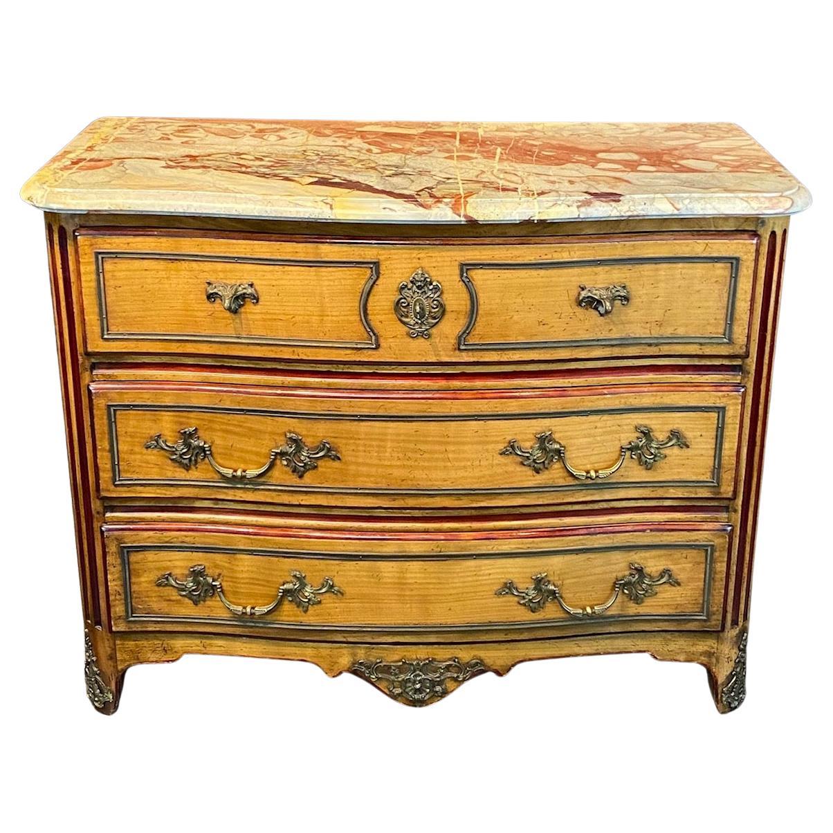 Antique French Provincial Louis XV Marble Top Three-Drawer Commode For Sale