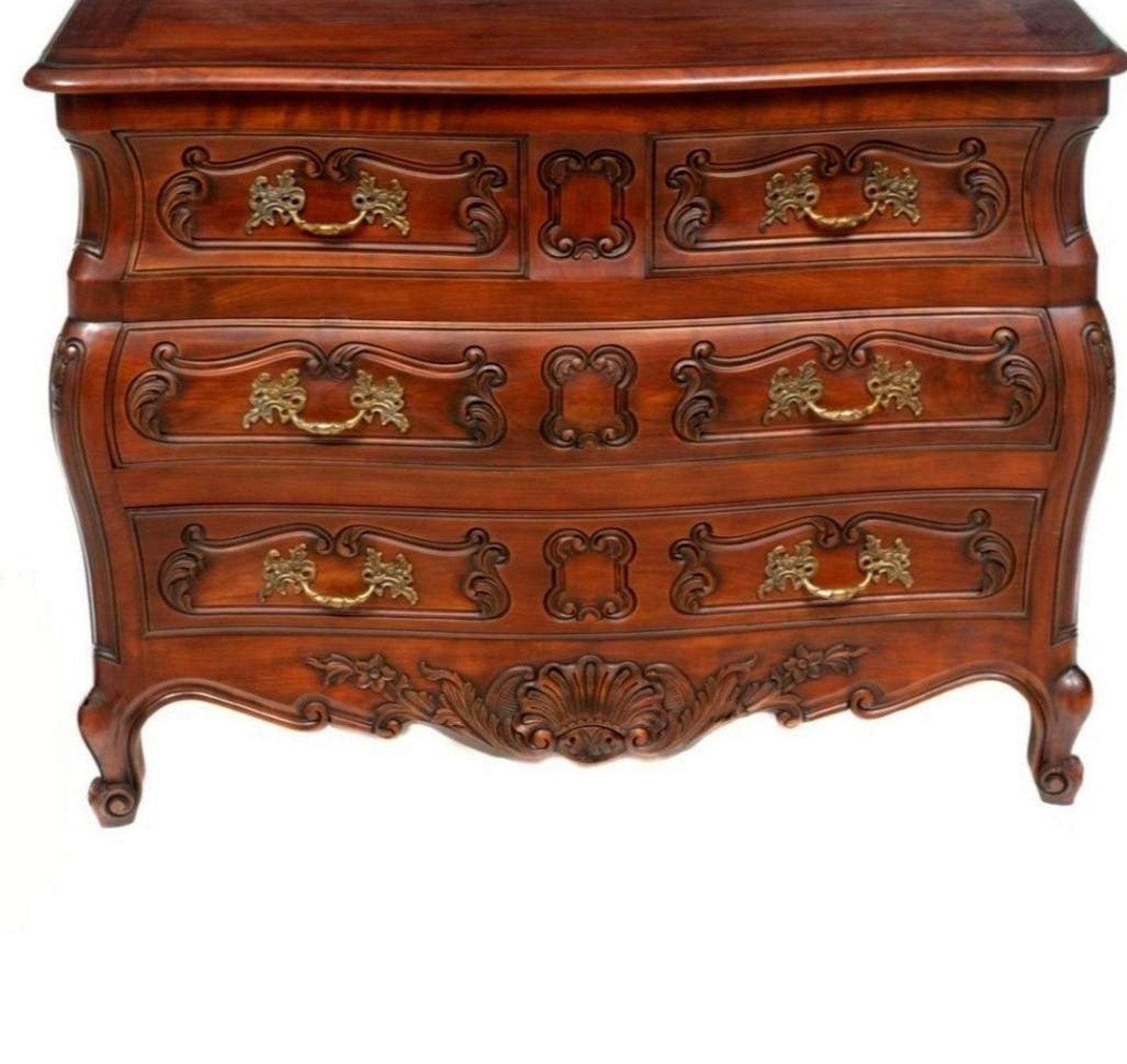 Brass Antique French Provincial Louis XV Style Bombe Chest of Drawers For Sale