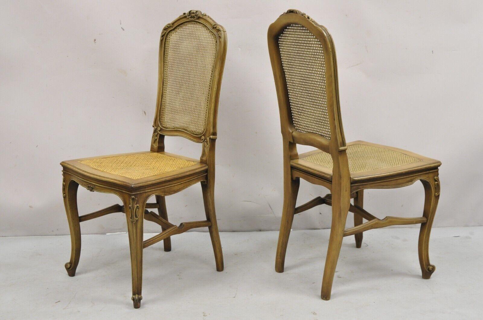 Caning Antique French Provincial Louis XV Style Carved Walnut Cane Dining Chair - Pair For Sale