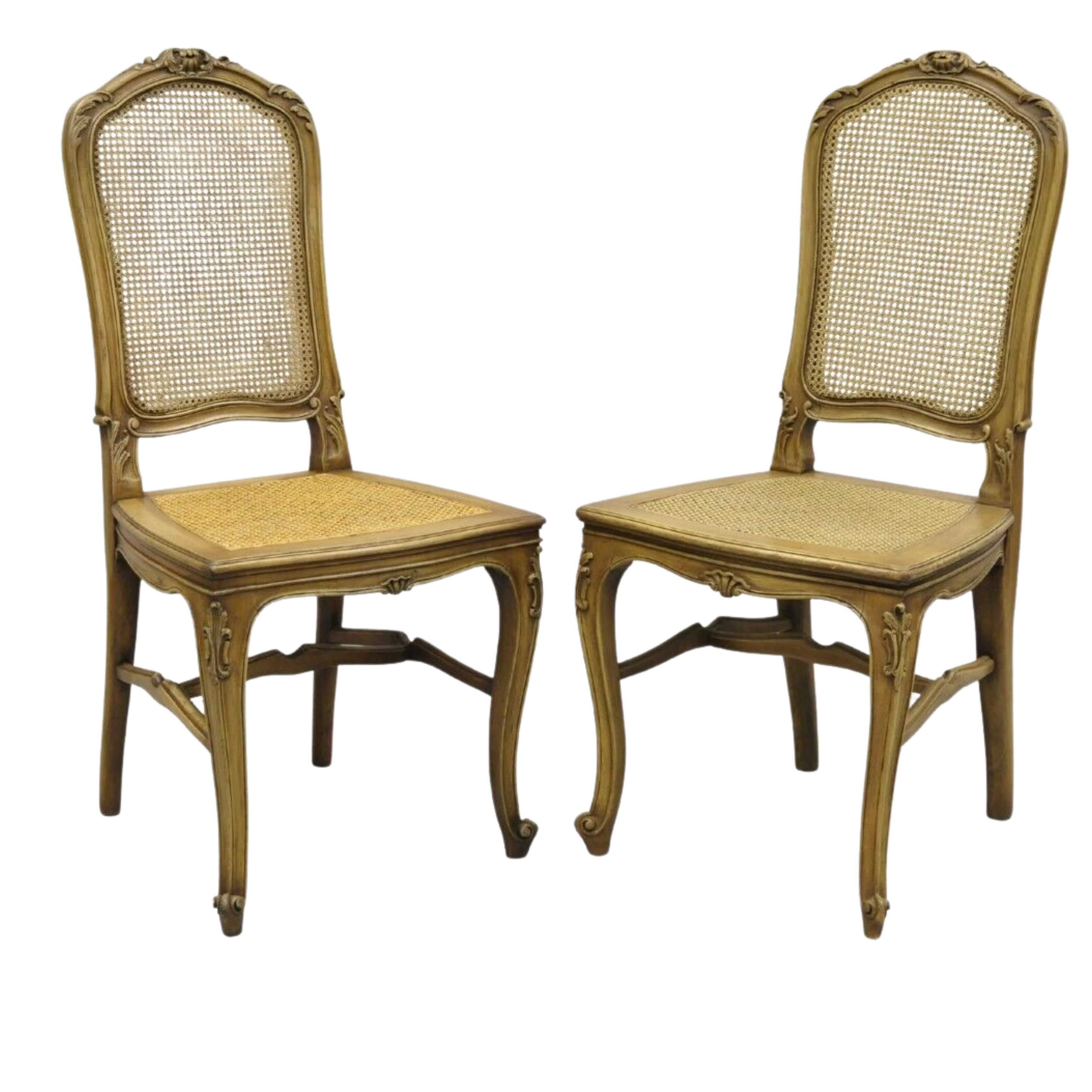 Antique French Provincial Louis XV Style Carved Walnut Cane Dining Chair - Pair For Sale