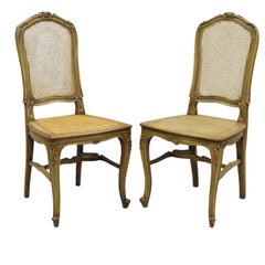 Antique French Provincial Louis XV Style Carved Walnut Cane Dining Chair - Pair