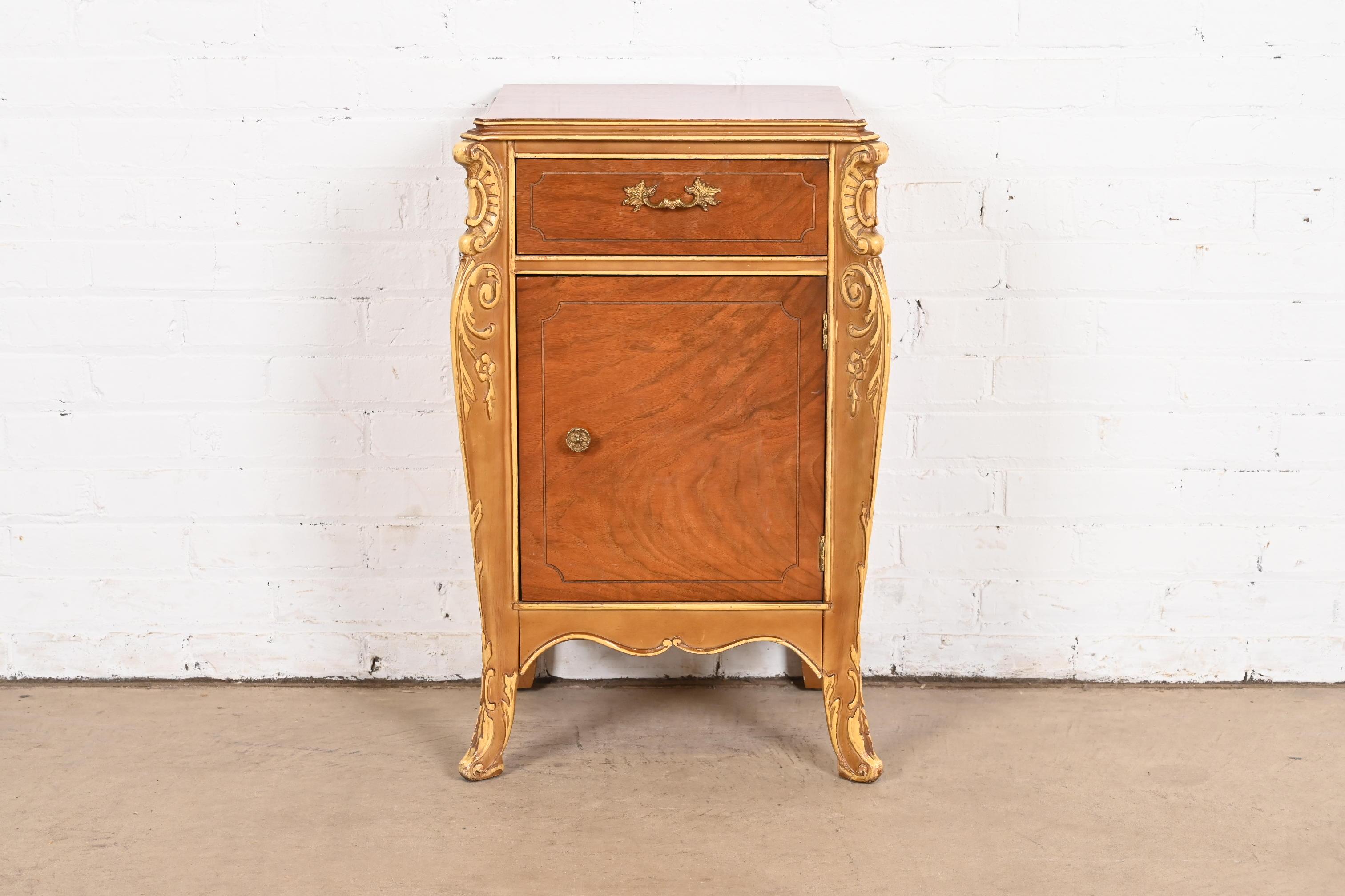 Early 20th Century Antique French Provincial Louis XV Walnut and Parcel Painted Nightstand, 1920s For Sale