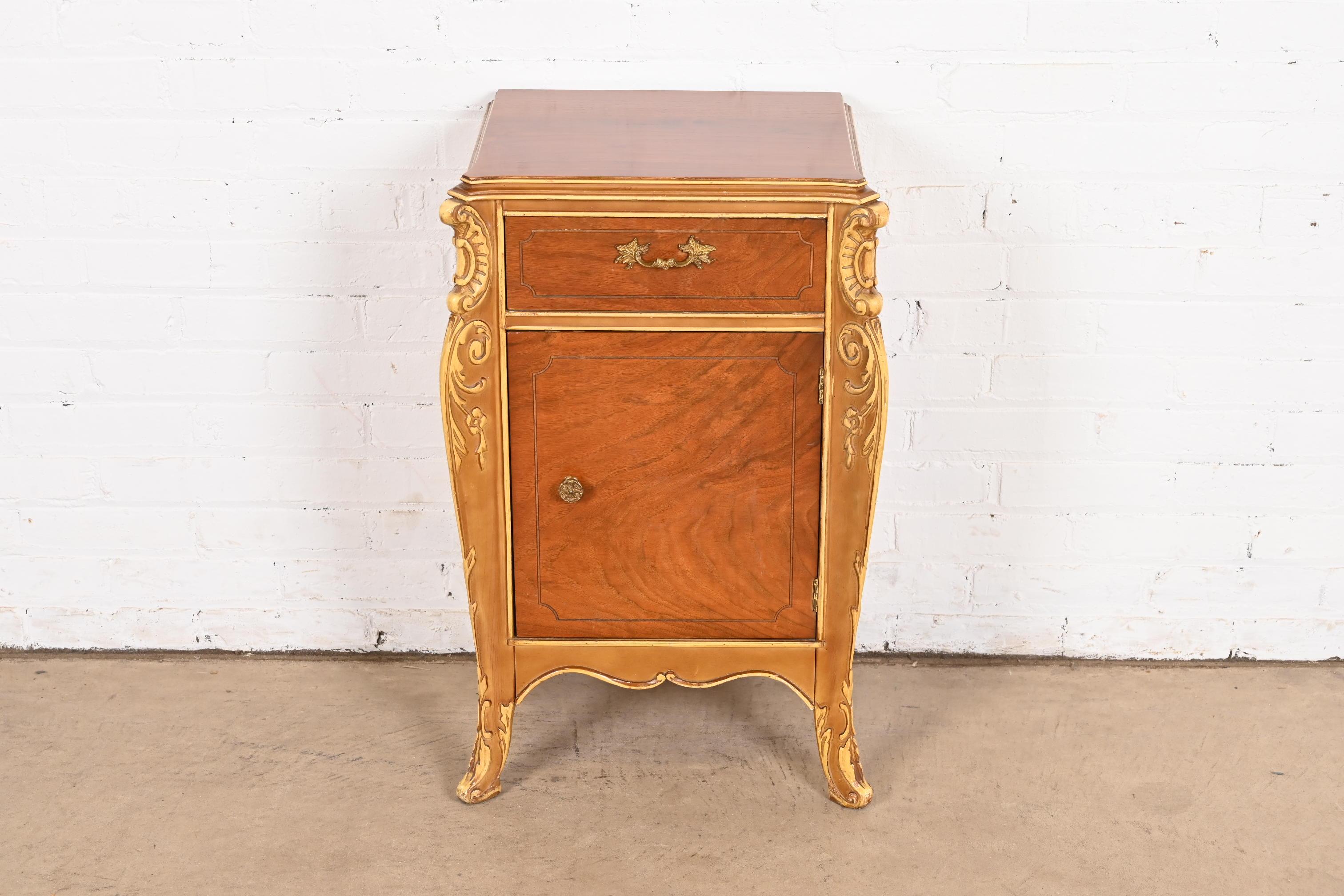 Brass Antique French Provincial Louis XV Walnut and Parcel Painted Nightstand, 1920s For Sale
