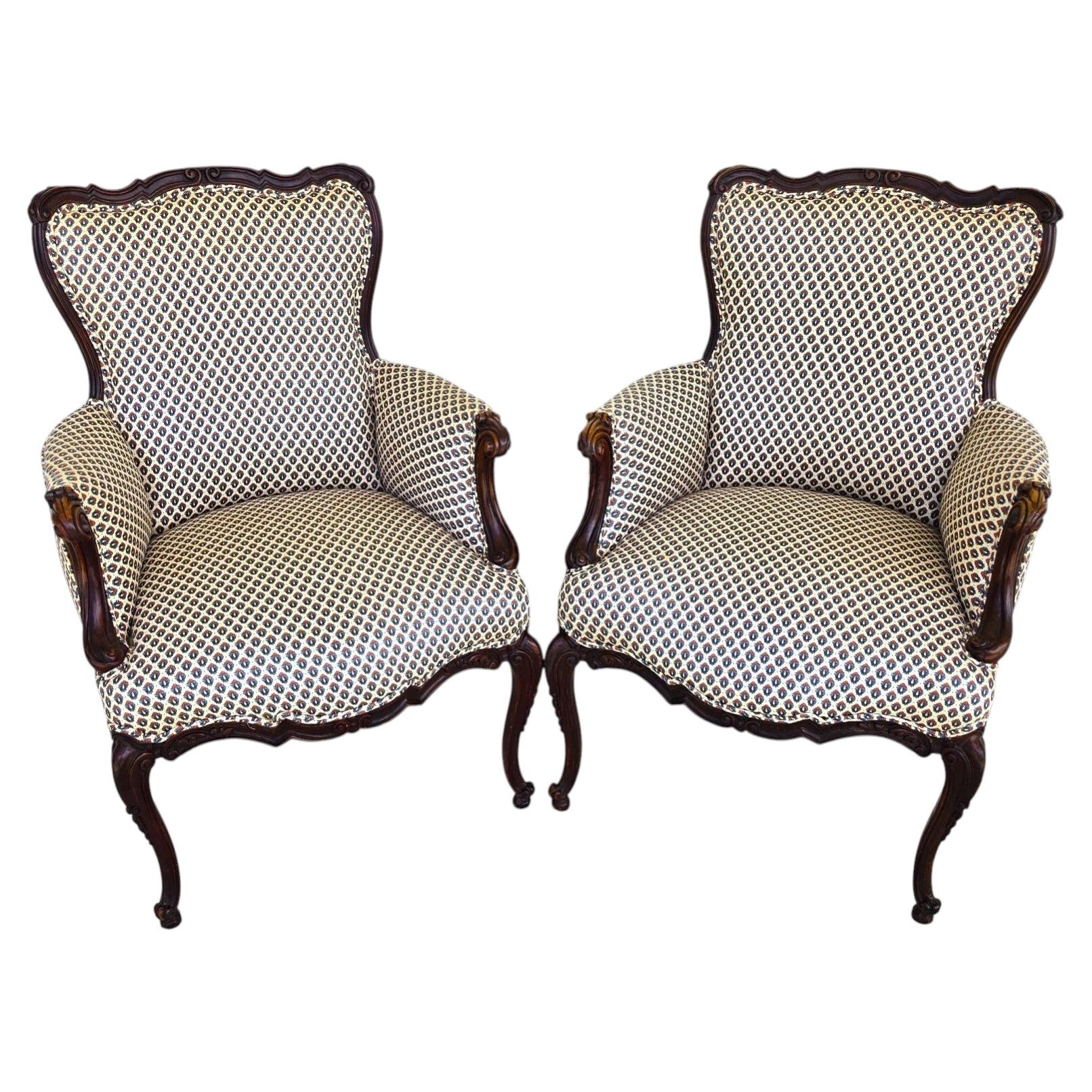 Antique French Provincial Louis XV Walnut Bergere Armchairs Pair