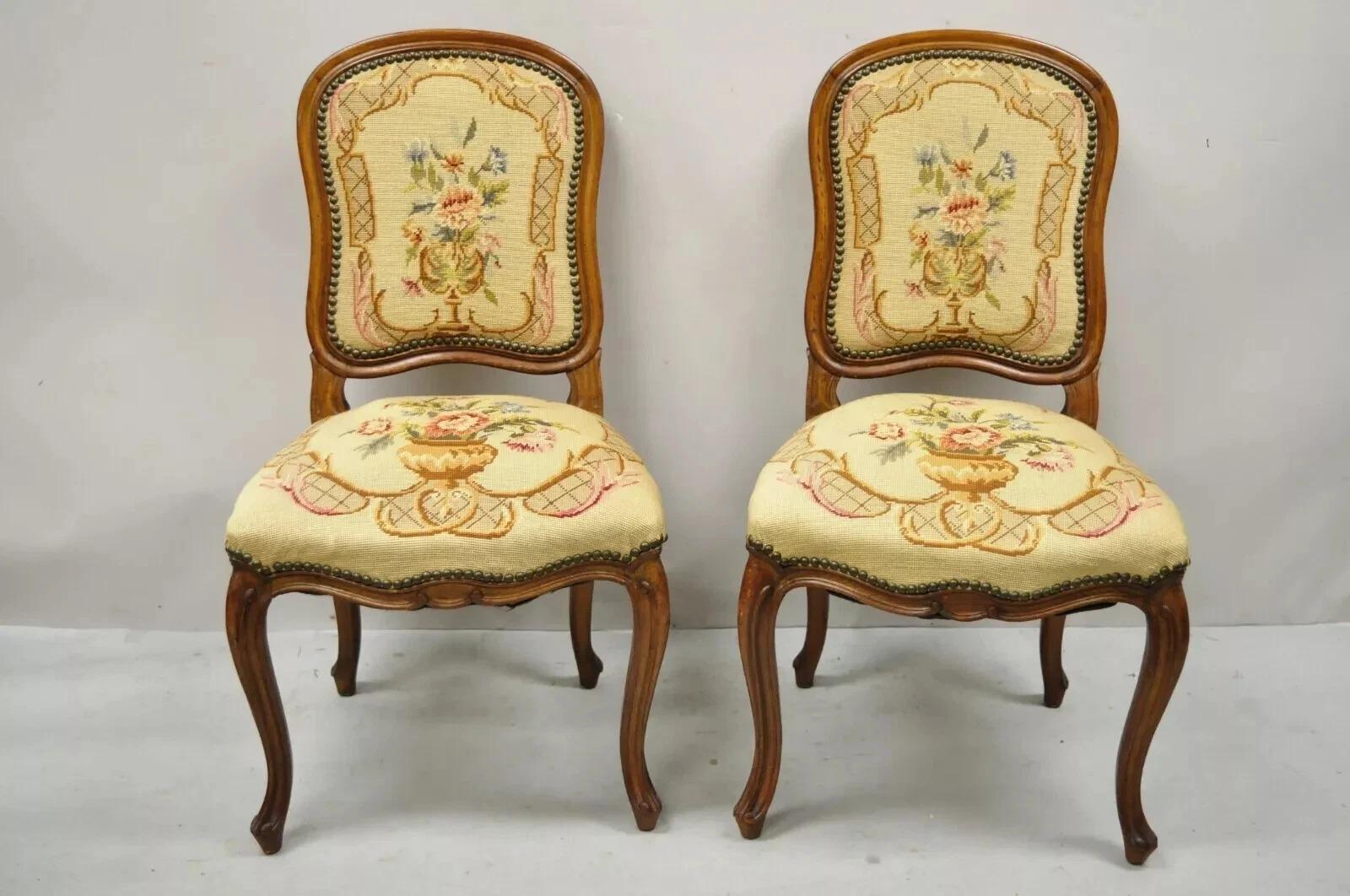 Antique French Provincial Louis XV Walnut Floral Needlepoint Side Chair - a Pair For Sale 5