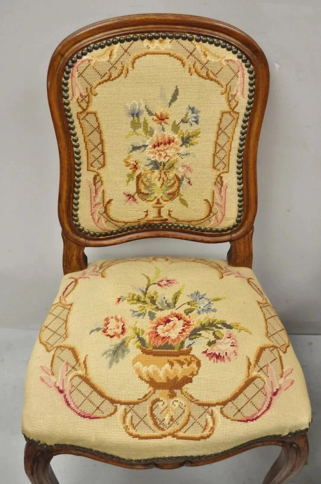 Unknown Antique French Provincial Louis XV Walnut Floral Needlepoint Side Chair - a Pair For Sale