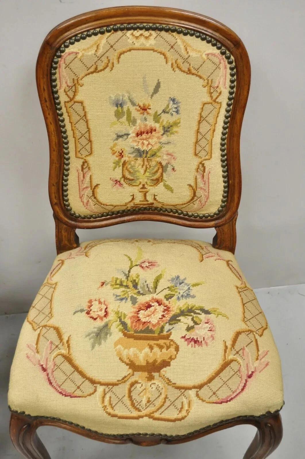 Antique French Provincial Louis XV Walnut Floral Needlepoint Side Chair - a Pair In Good Condition For Sale In Philadelphia, PA
