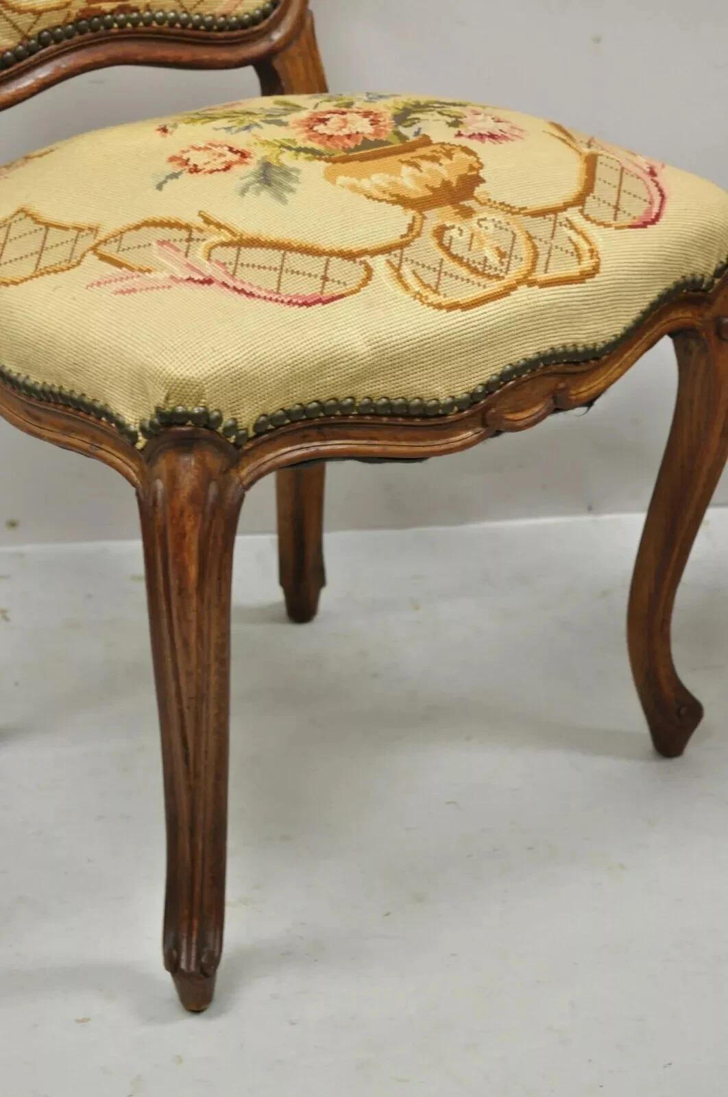 20th Century Antique French Provincial Louis XV Walnut Floral Needlepoint Side Chair - a Pair For Sale