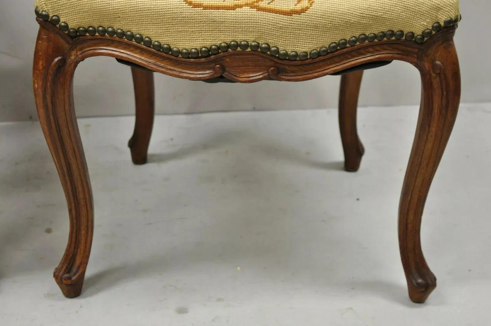 Antique French Provincial Louis XV Walnut Floral Needlepoint Side Chair - a Pair For Sale 1