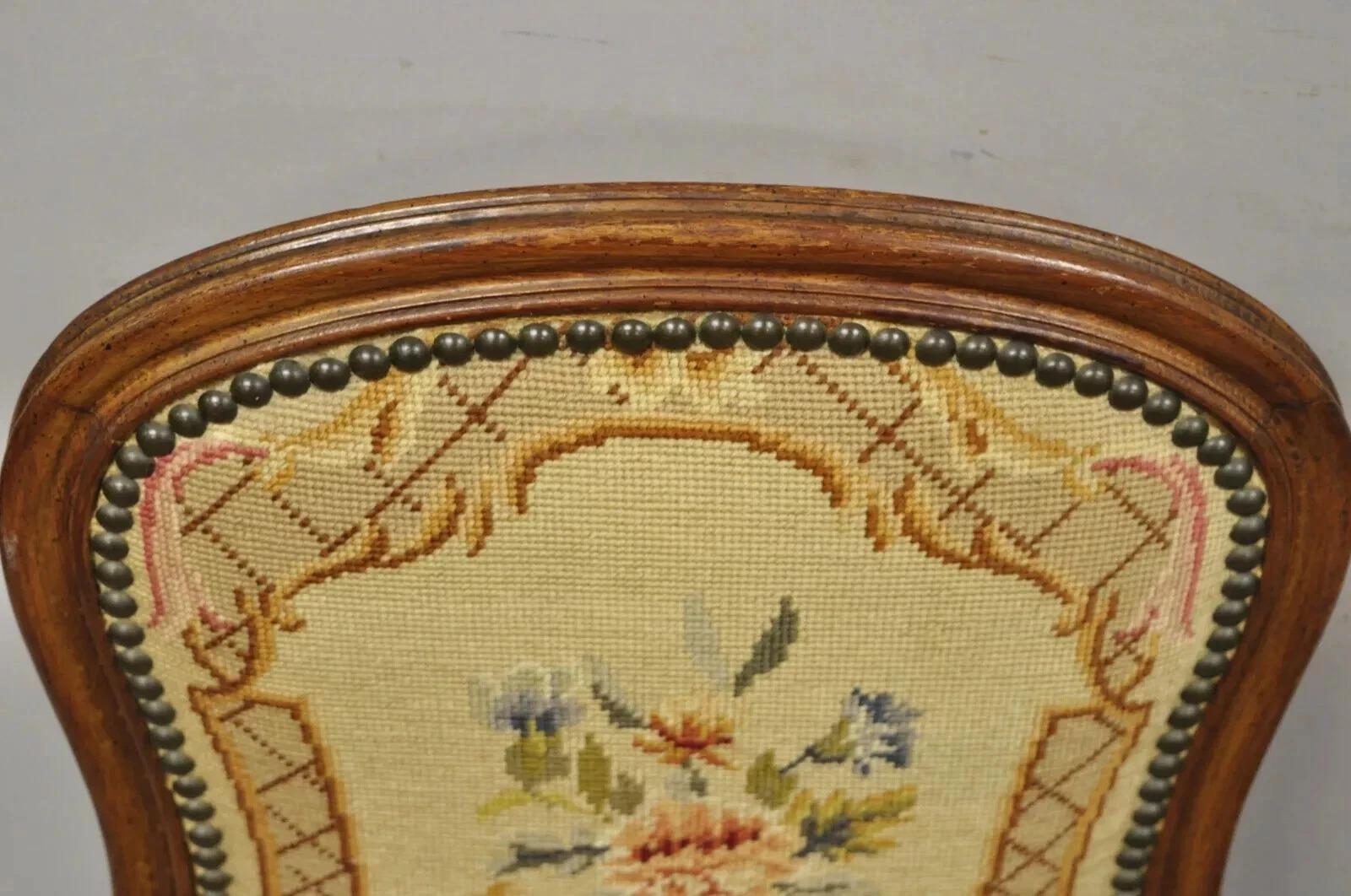 Antique French Provincial Louis XV Walnut Floral Needlepoint Side Chair - a Pair For Sale 2