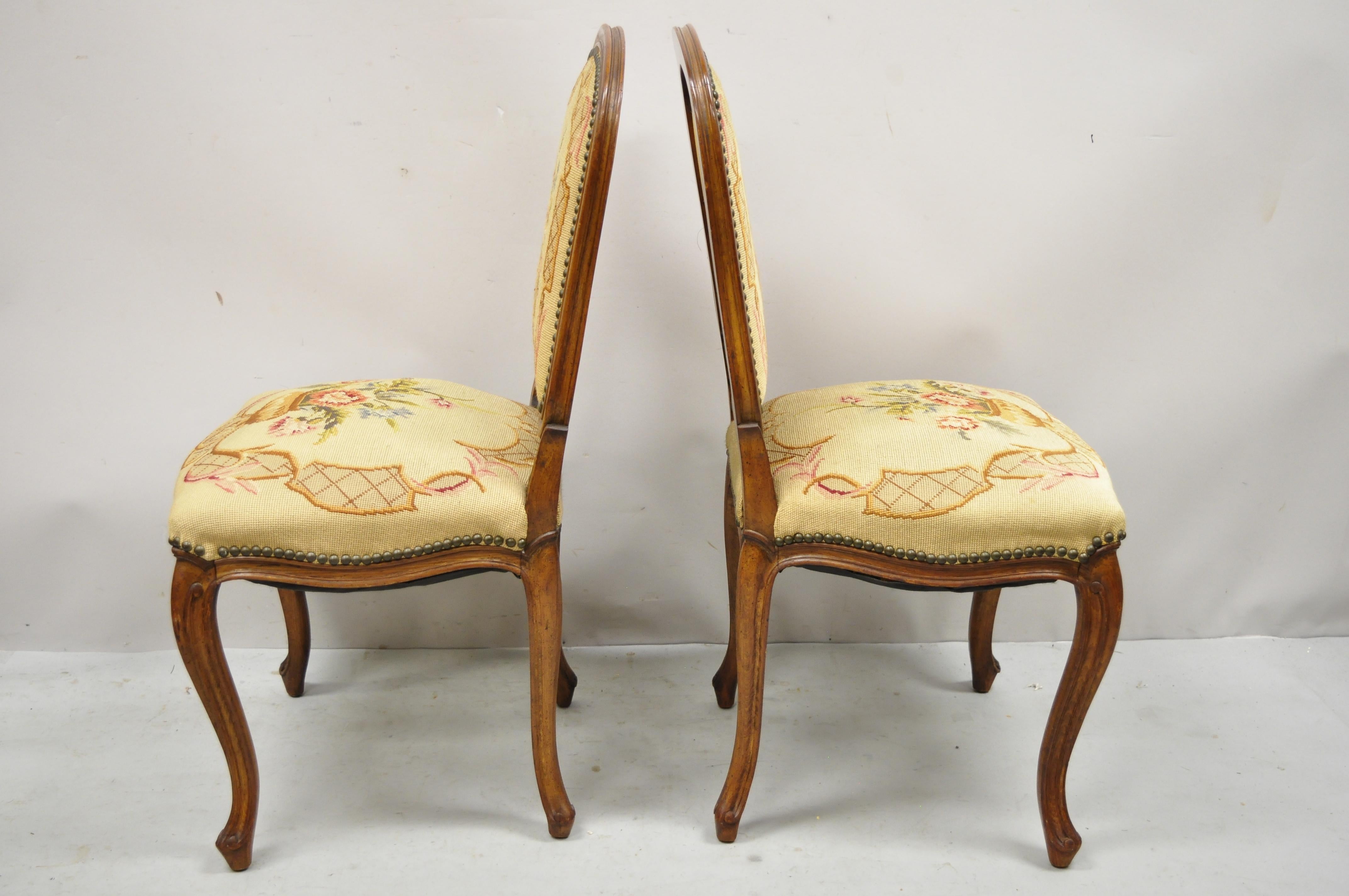 Fabric Antique French Provincial Louis XV Walnut Floral Needlepoint Side Chair, a Pair For Sale