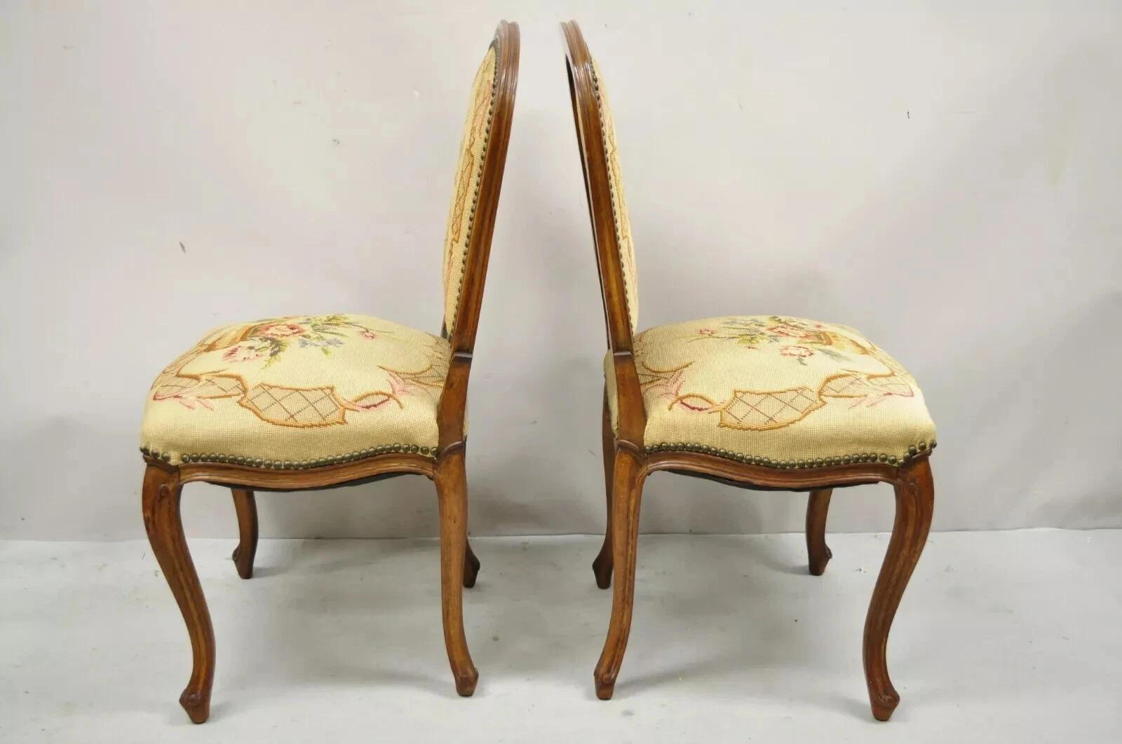 Antique French Provincial Louis XV Walnut Floral Needlepoint Side Chair - a Pair For Sale 3