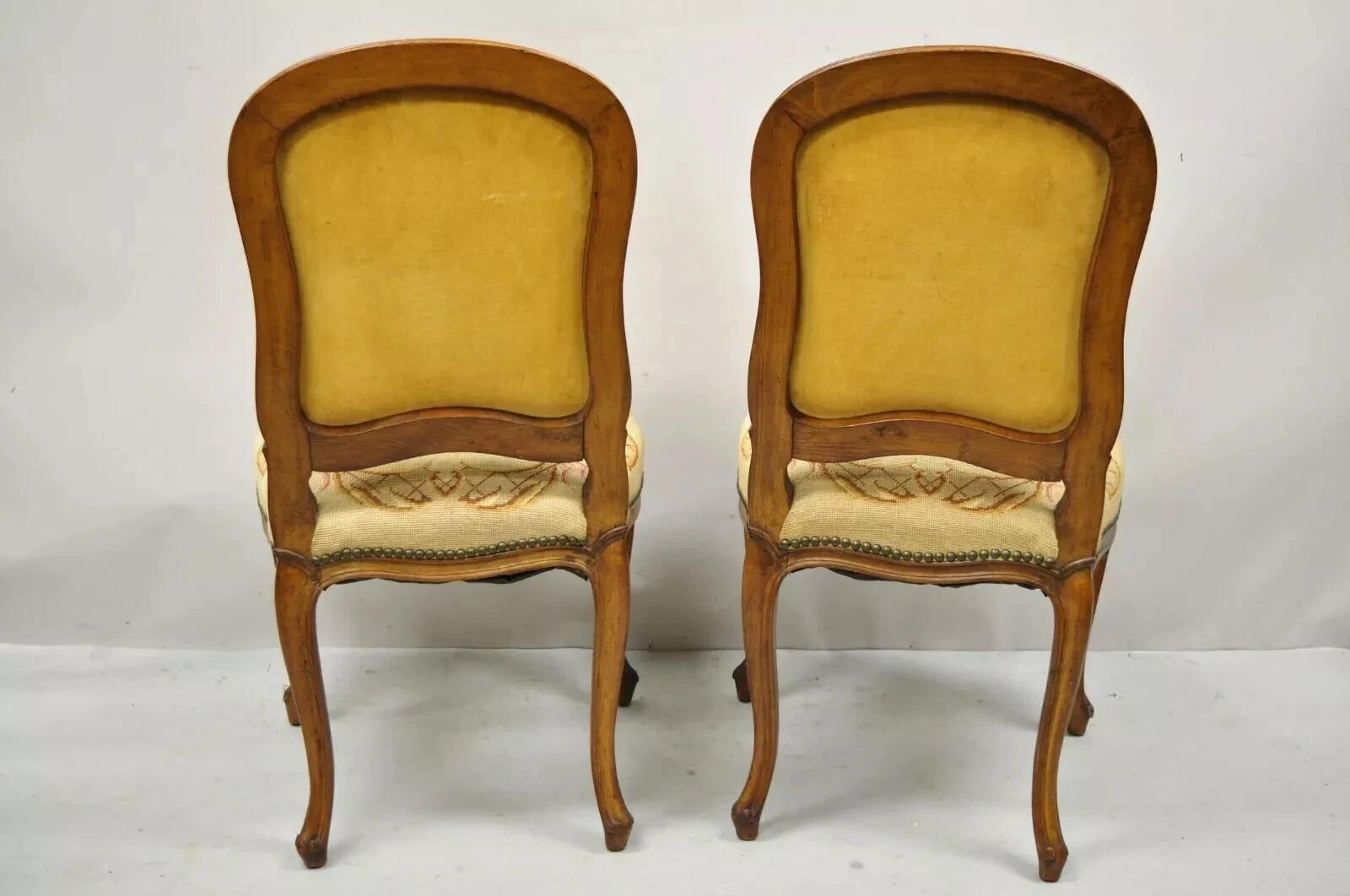 Antique French Provincial Louis XV Walnut Floral Needlepoint Side Chair - a Pair For Sale 4