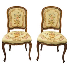 Antique French Provincial Louis XV Walnut Floral Needlepoint Side Chair - a Pair