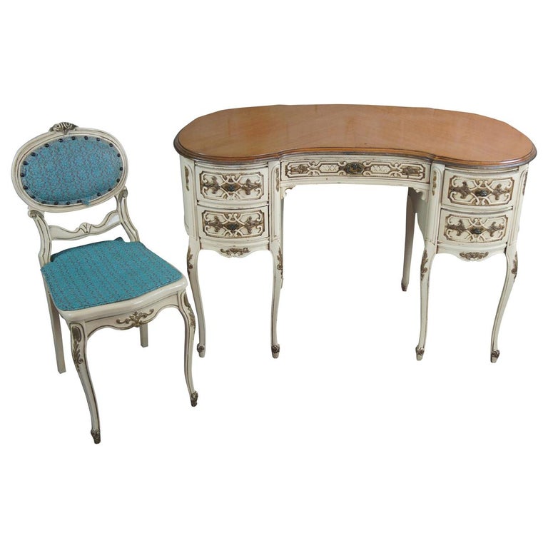 Antique French Provincial Louis Xv Walnut Kidney Writing Desk And Vanity Chair At 1stdibs Antique French Provincial Louis Xv, White French Provincial Desk Chair