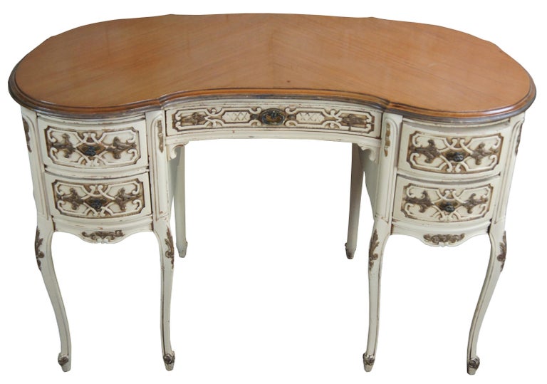 Vintage French Provincial Inlaid Carved Kidney Shaped Ladies Writing Desk