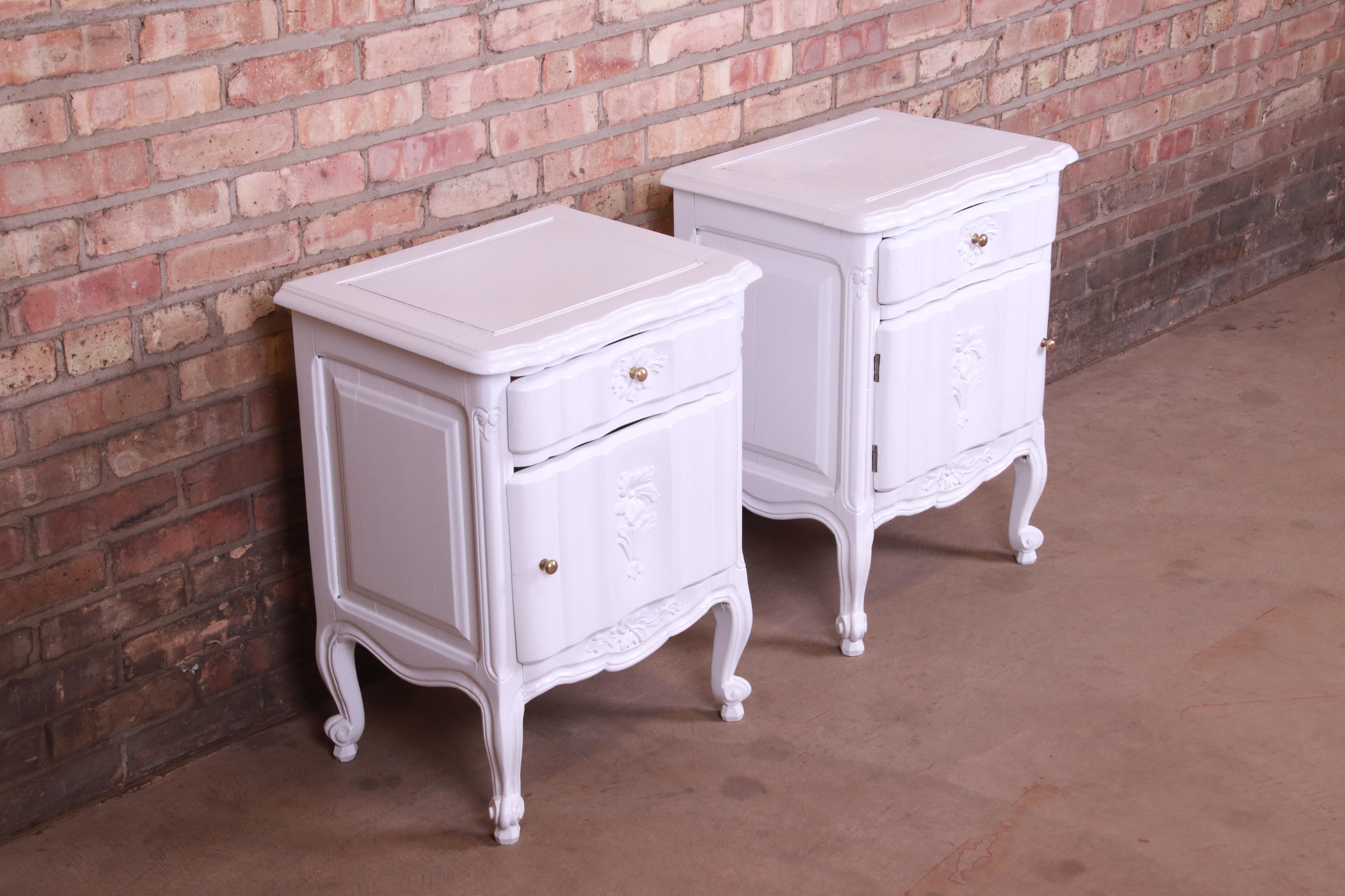 20th Century Antique French Provincial Louis XV White Lacquered Nightstands, Newly Refinished