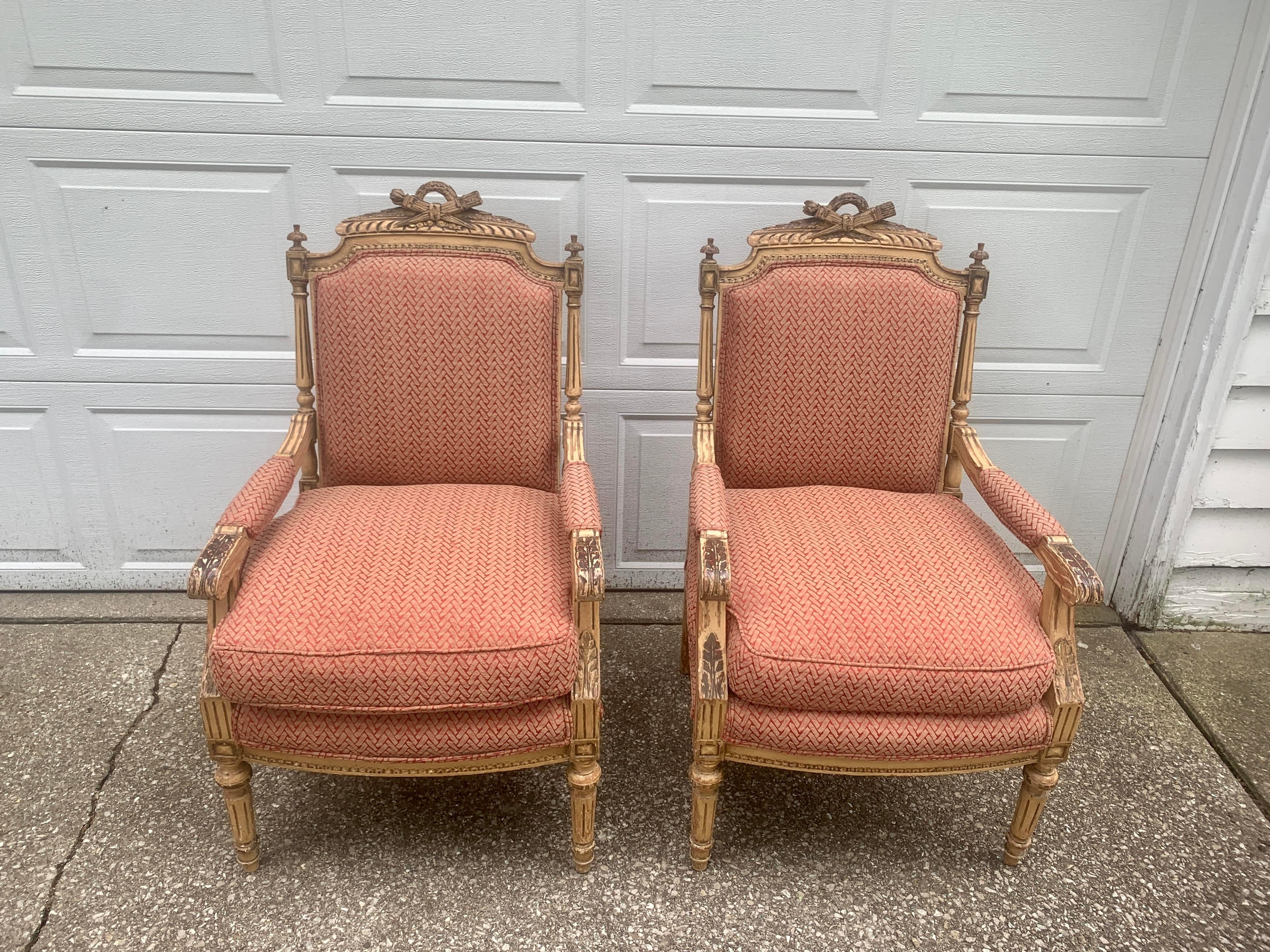 Carved Antique French Provincial Louis XVI Armchairs, Pair For Sale