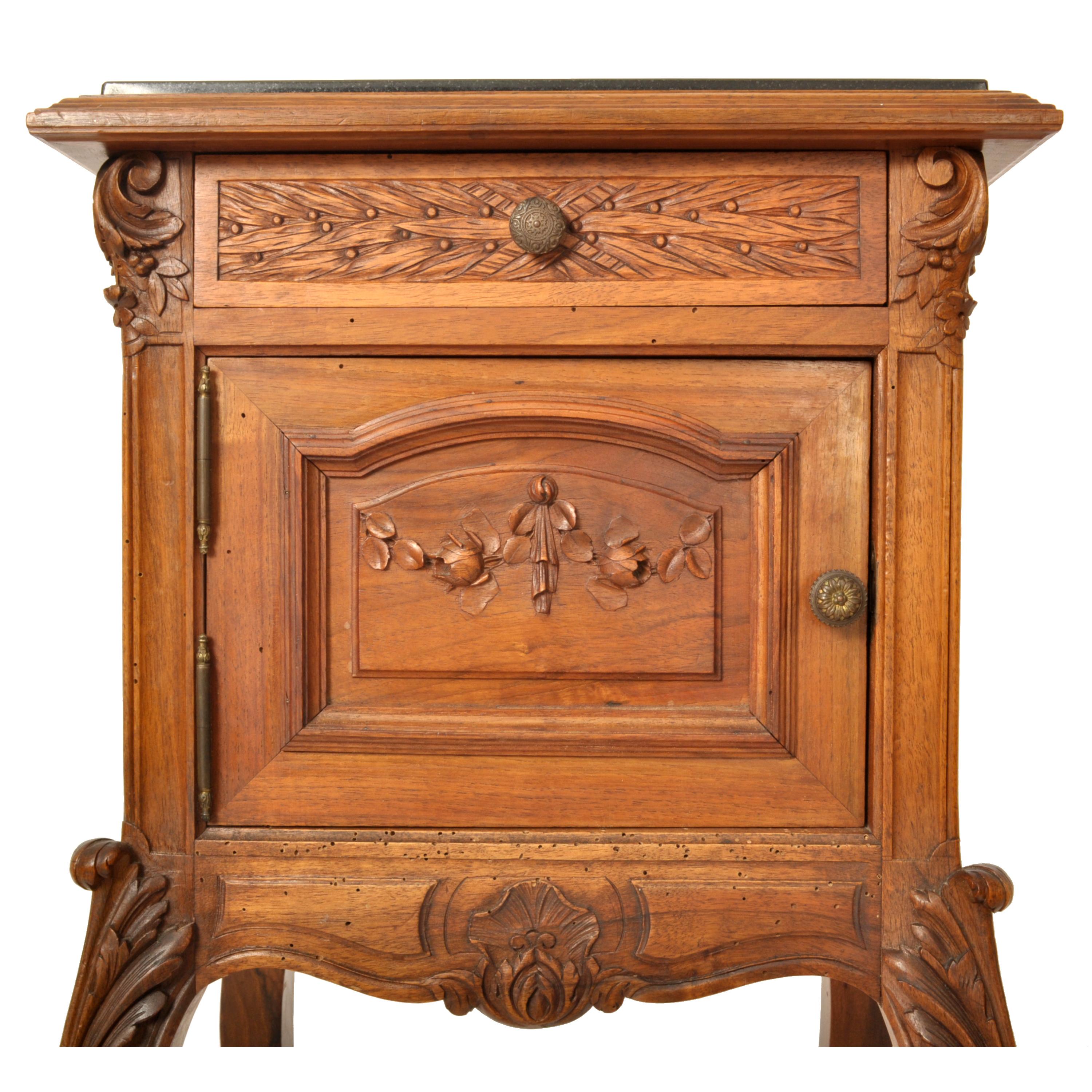Antique French Provincial Louis XVI Carved Walnut & Marble Nightstand Table 1880 For Sale 7