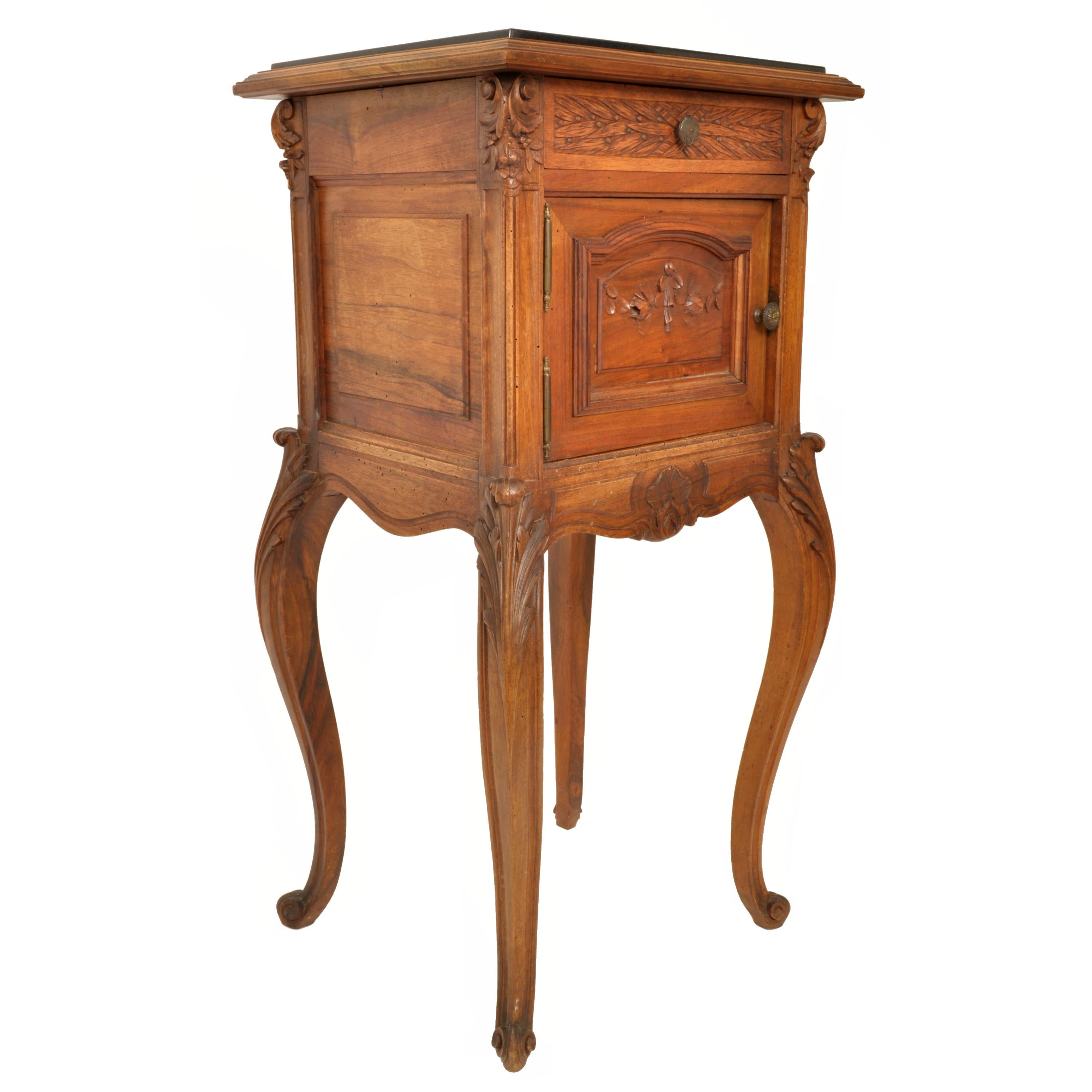 Antique French Provincial Louis XVI Carved Walnut & Marble Nightstand Table 1880 In Good Condition For Sale In Portland, OR