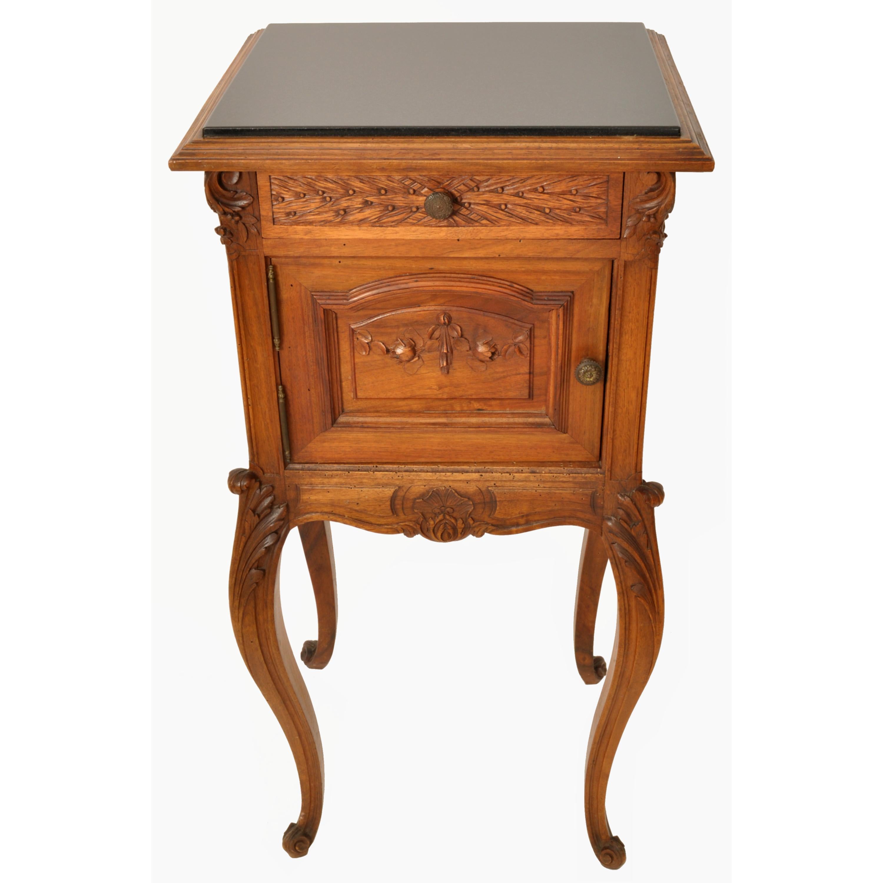 Late 19th Century Antique French Provincial Louis XVI Carved Walnut & Marble Nightstand Table 1880 For Sale
