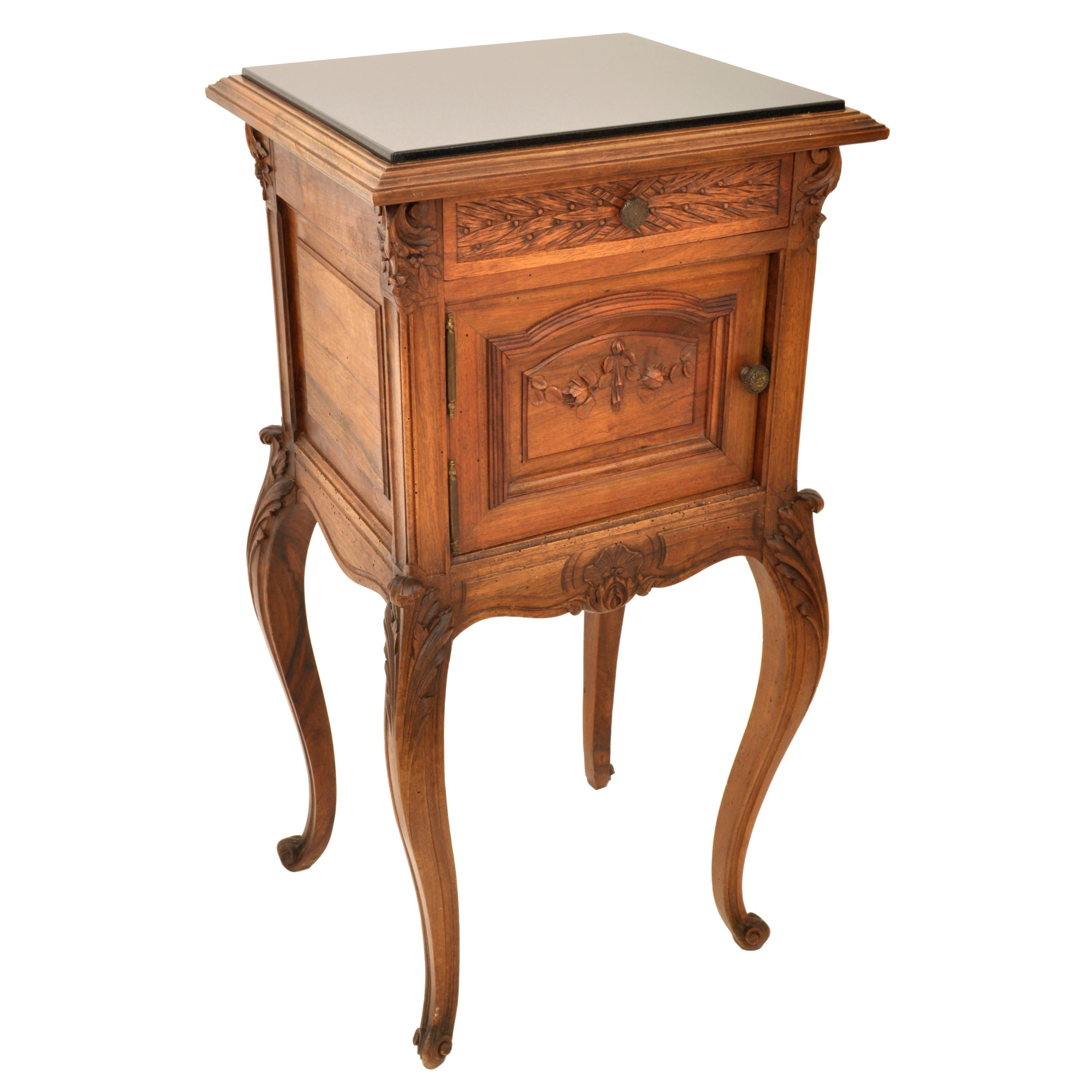 Antique French Provincial Louis XVI Carved Walnut & Marble Nightstand Table 1880 For Sale 3