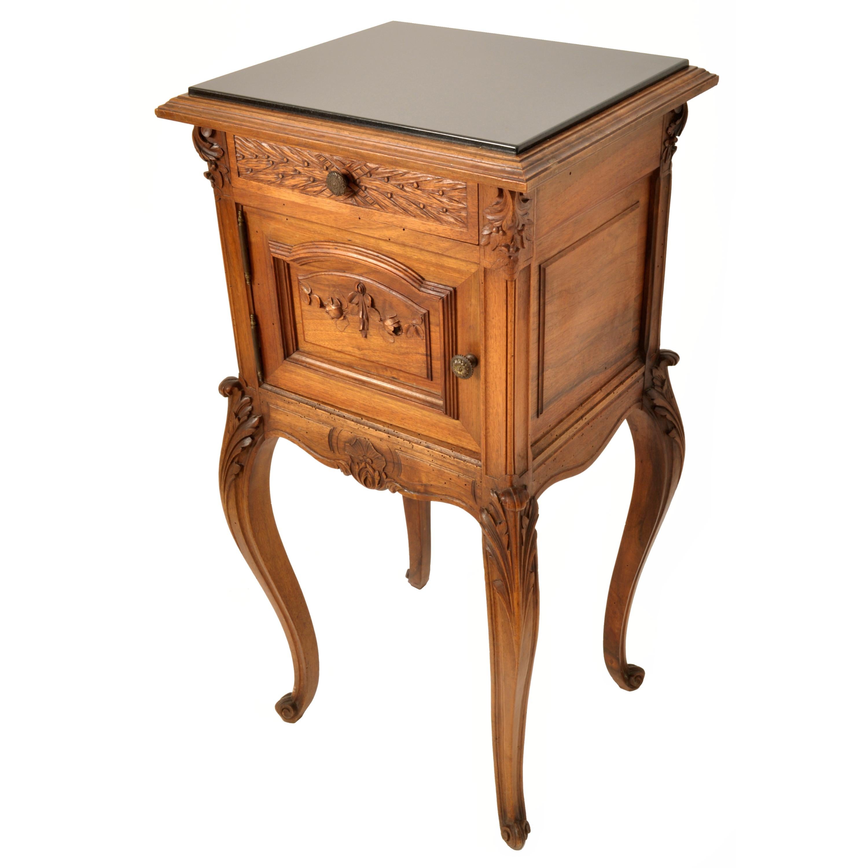 Antique French Provincial Louis XVI Carved Walnut & Marble Nightstand Table 1880 For Sale 4