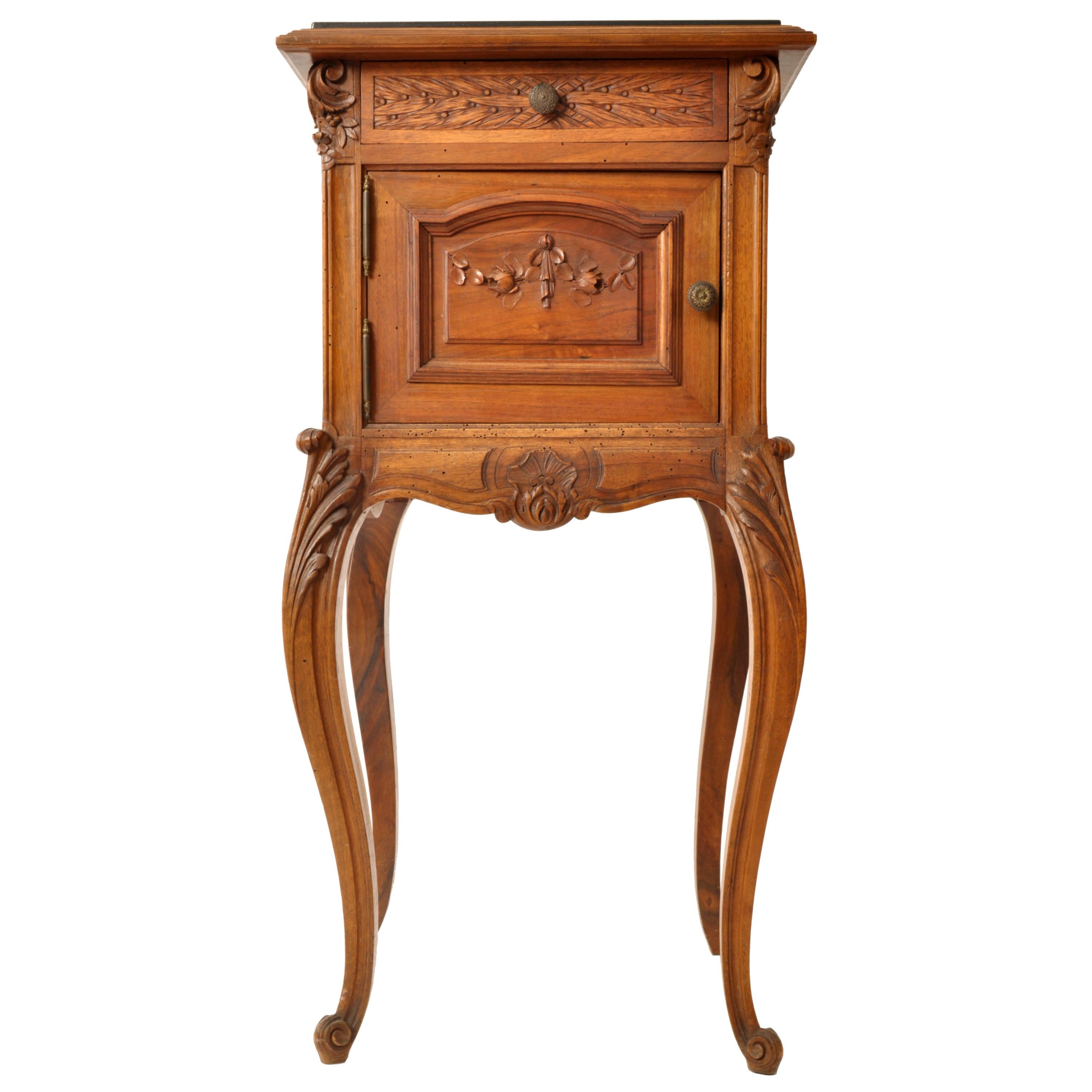 Antique French Provincial Louis XVI Carved Walnut & Marble Nightstand Table 1880 For Sale