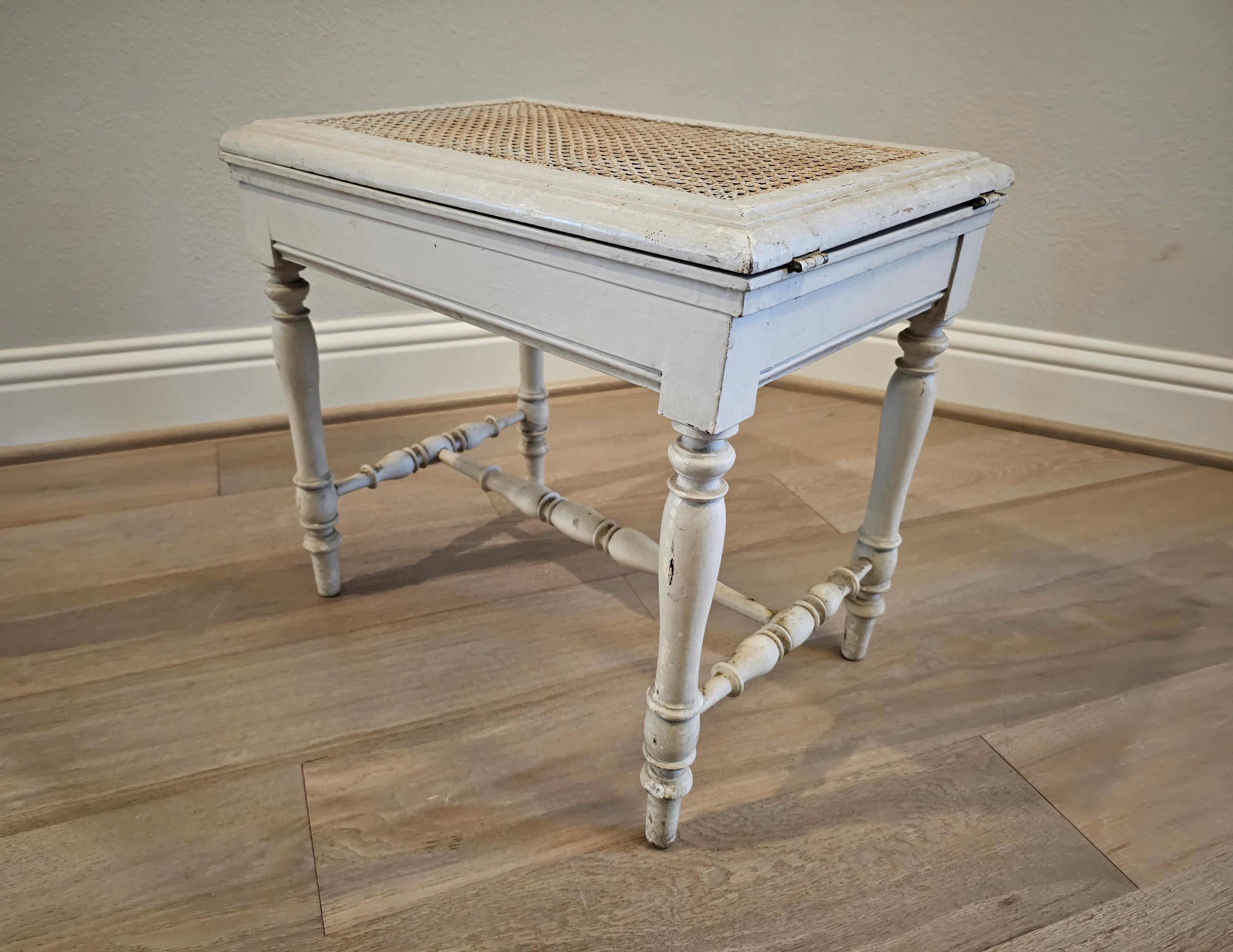 Antique French Provincial Louis XVI Painted Cane Bidet Stool  In Distressed Condition For Sale In Forney, TX