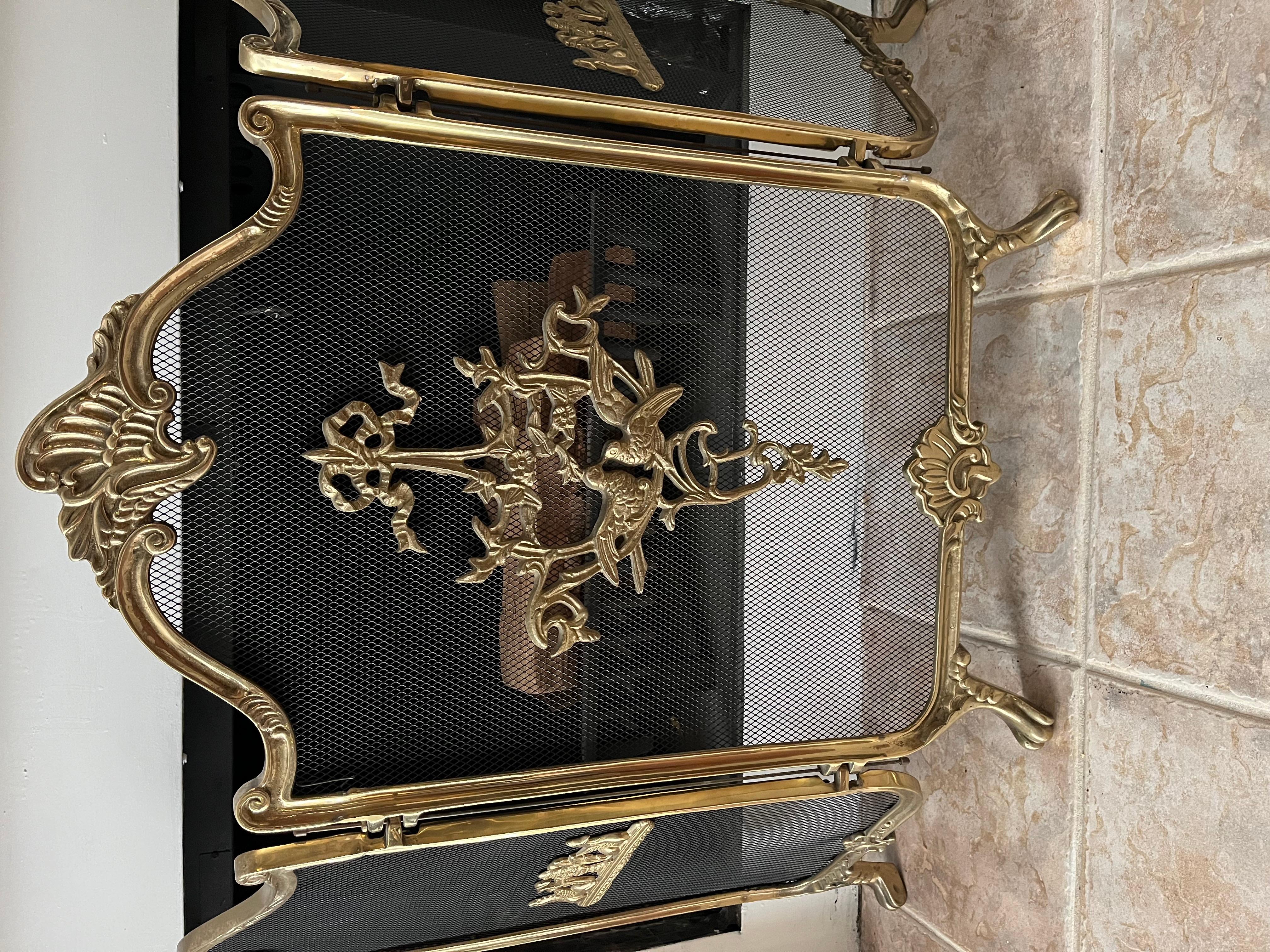 North American Vintage French Provincial Louis XVI TriFold Ribbons Birds Brass Fireplace Screen