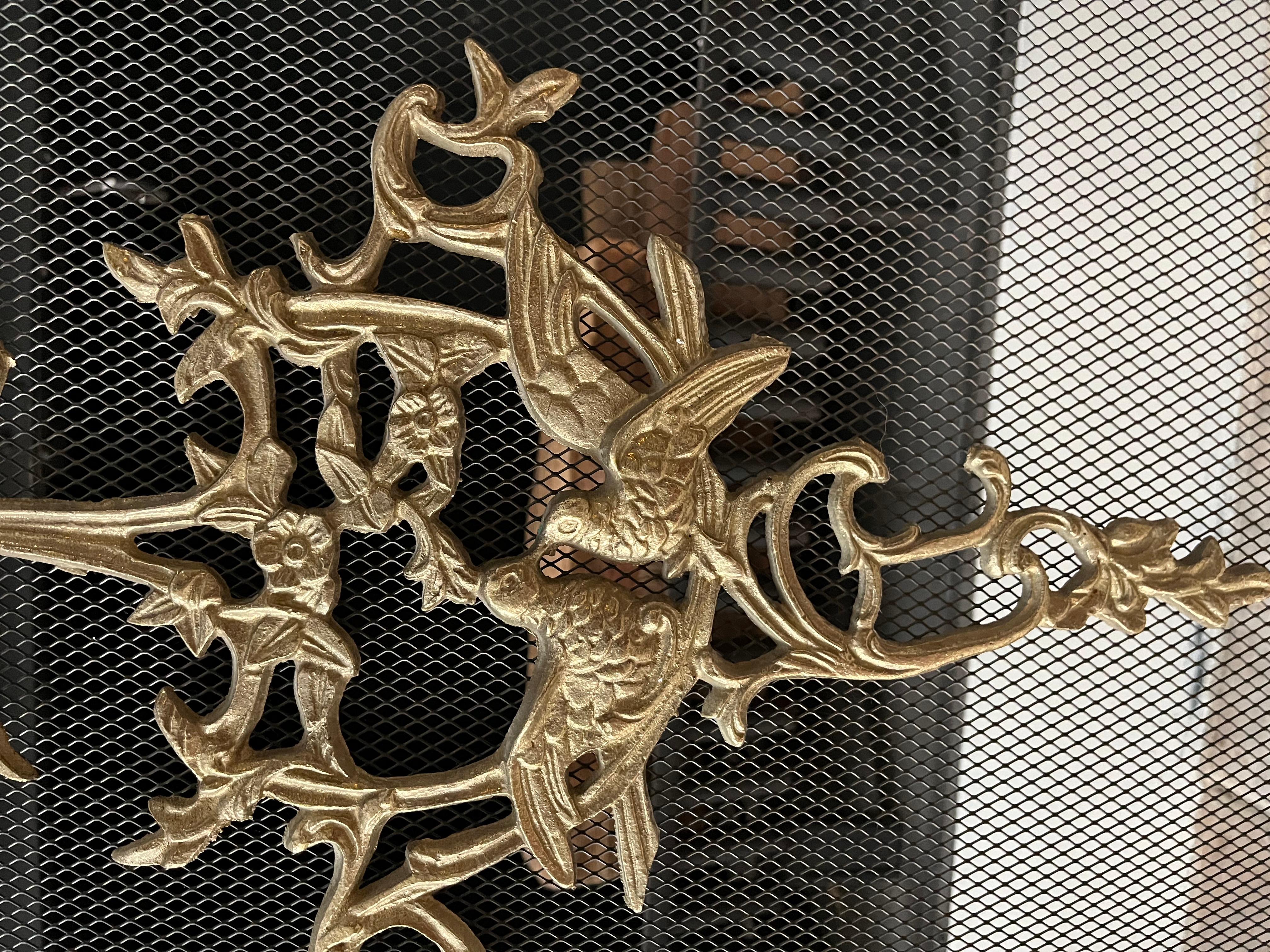 Vintage French Provincial Louis XVI TriFold Ribbons Birds Brass Fireplace Screen In Good Condition In Portsmouth, VA