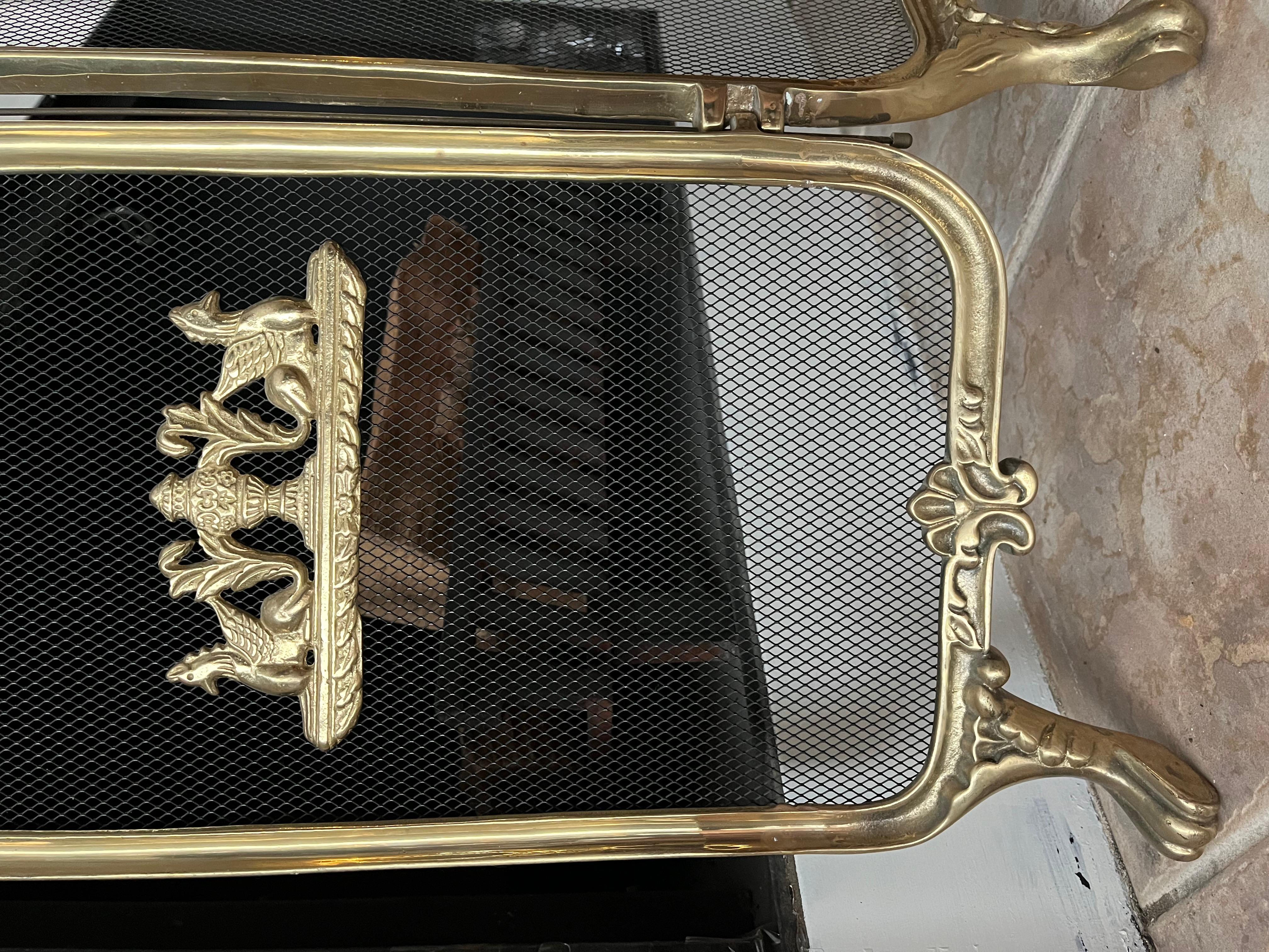 Early 20th Century Vintage French Provincial Louis XVI TriFold Ribbons Birds Brass Fireplace Screen