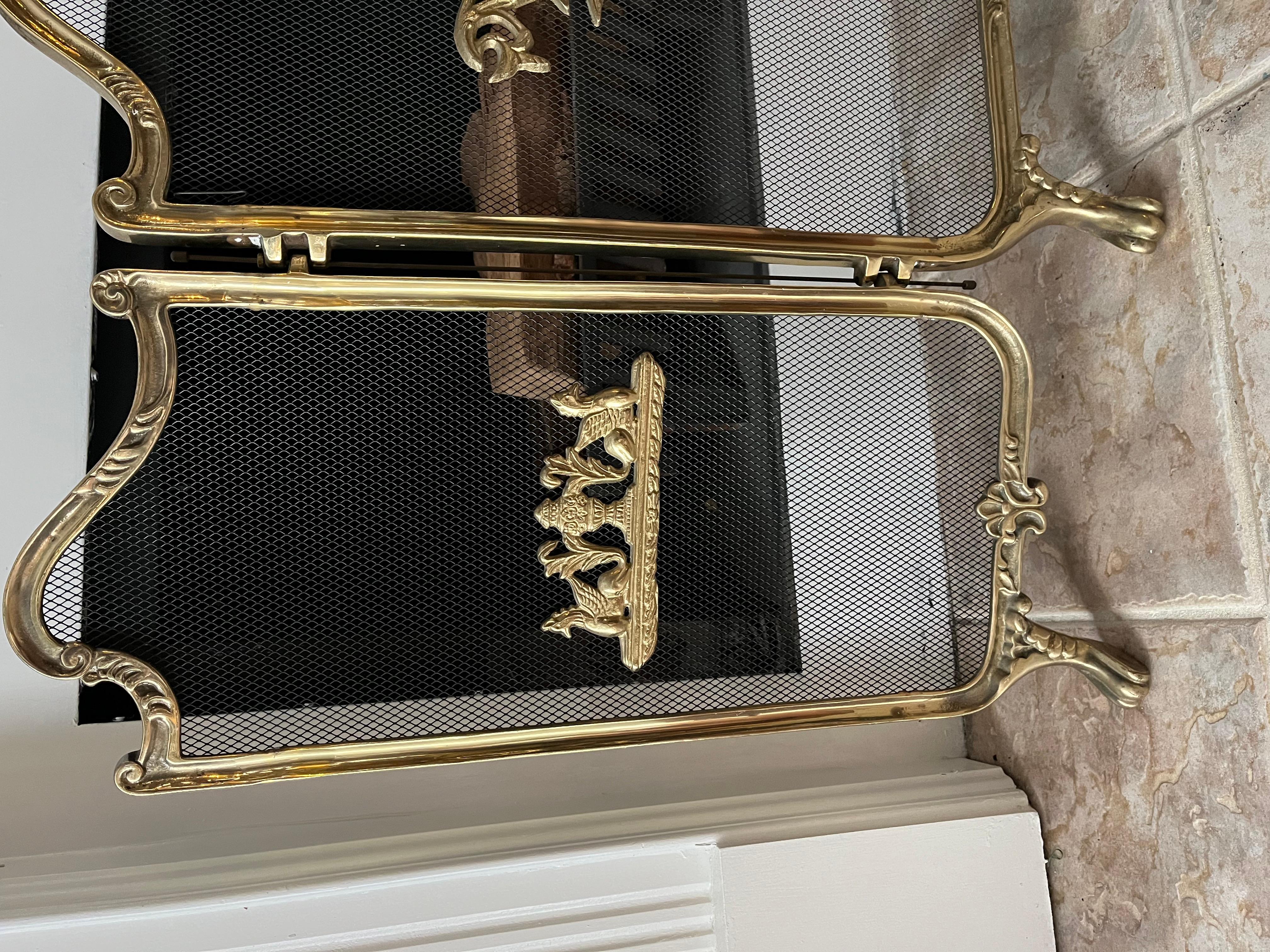 Vintage French Provincial Louis XVI TriFold Ribbons Birds Brass Fireplace Screen 1