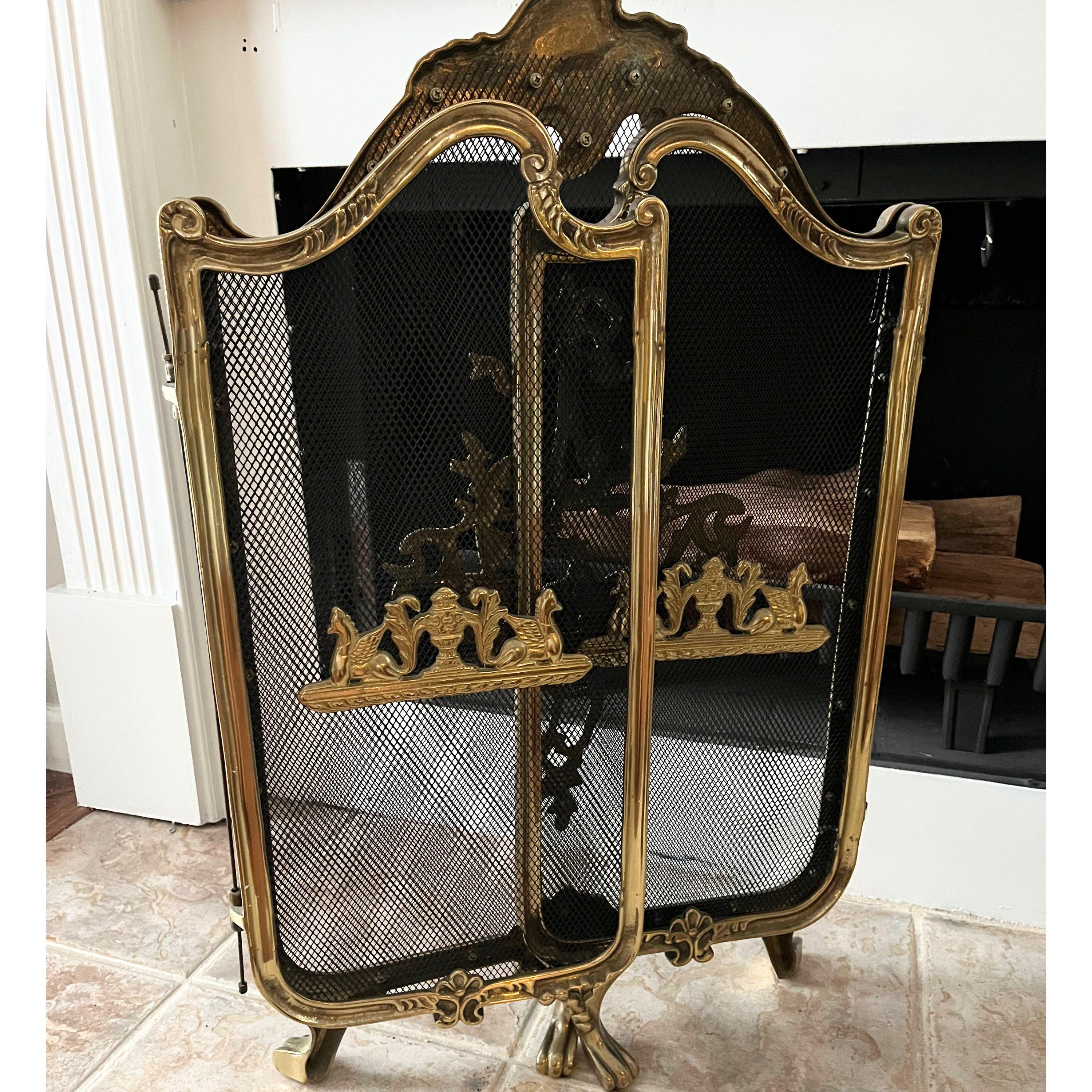 Vintage French Provincial Louis XVI TriFold Ribbons Birds Brass Fireplace Screen 3