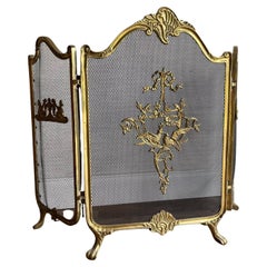 Antique French Provincial Louis XVI TriFold Ribbons Birds Brass Fireplace Screen