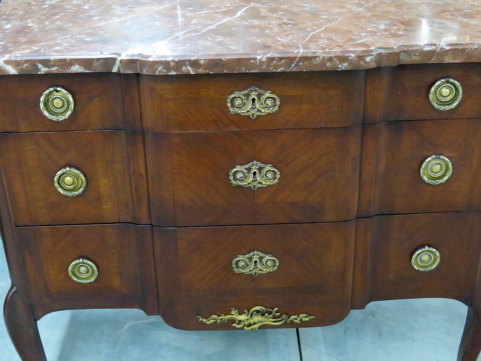 19th century antique French  3-drawer bronze mounted marble-top commode.
