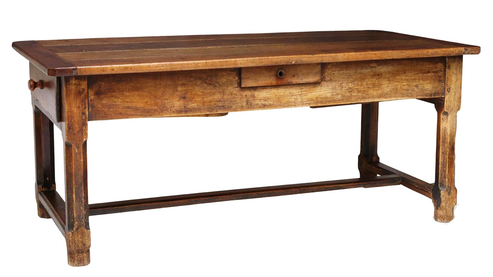 Antique French Provincial oak farmhouse table, 19th c. This table features a four-plank top, over three drawers, rising on chamfered supports, joined by H stretcher. There is evidence of old woodworm which is typical of antique furniture form Europe