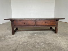 Antique French Provincial Oak Coffee Table, Two Drawers, H-Stretcher, c.1940