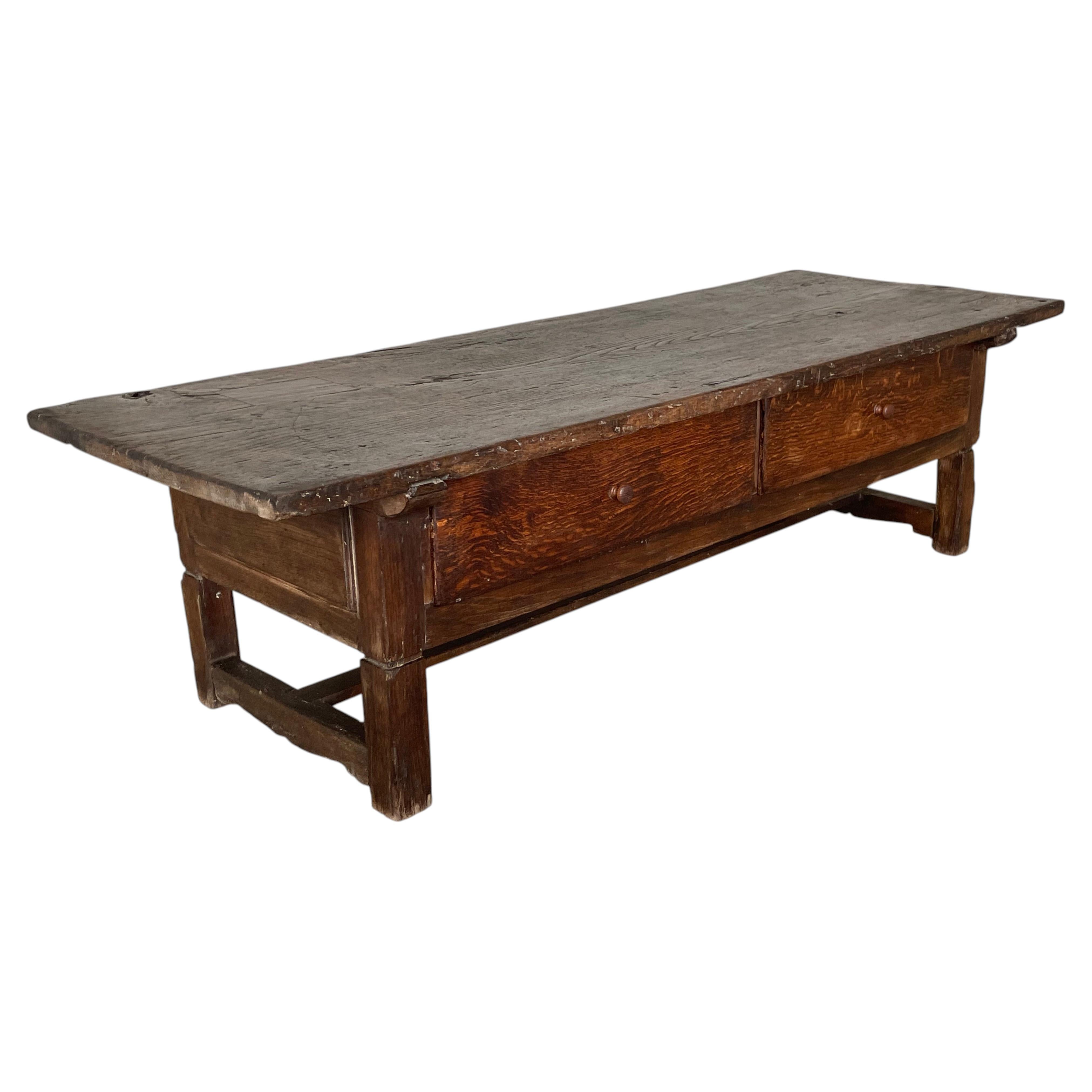 Antique French Provincial Oak Coffee Table, Two Drawers, H-Stretcher, c.1940